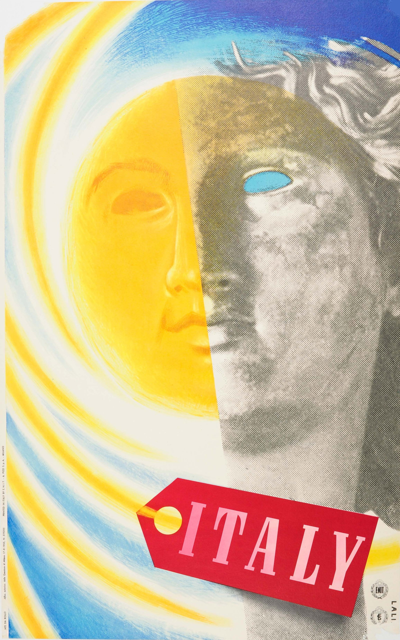 Travel Poster Italy ENIT Lali Michaelangelo David: Original vintage travel advertising poster for Italy featuring a colourful design with a painting of the sun half covered with a black and white image of the face of a classic Italian sculpture with a