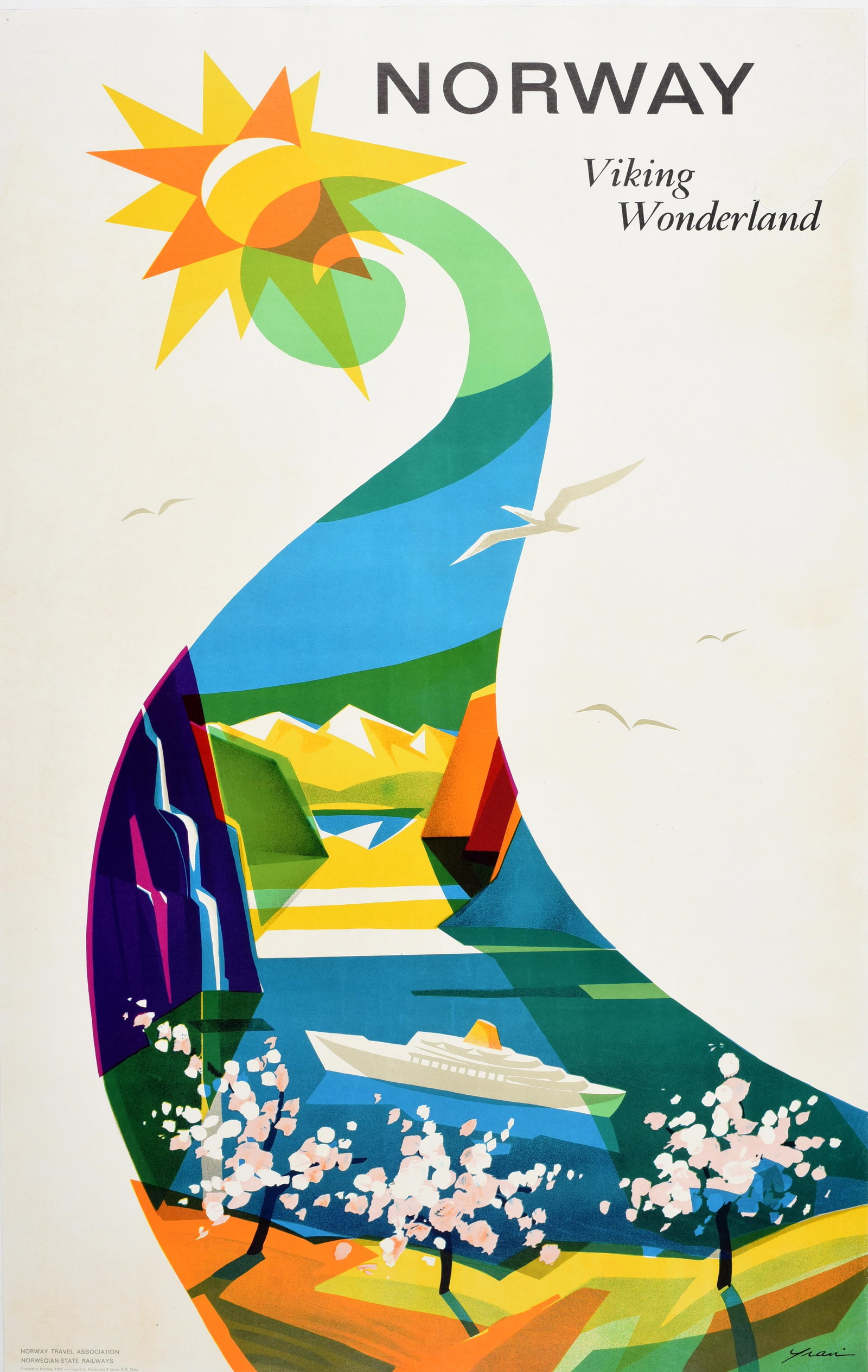 Travel Poster Norway Viking Wonderland: Original vintage travel poster for Norway Viking Wonderland featuring colourful artwork by Knut Yran (1920-1998) showing a boat sailing through the fjords with flowering trees in the foreground, mount