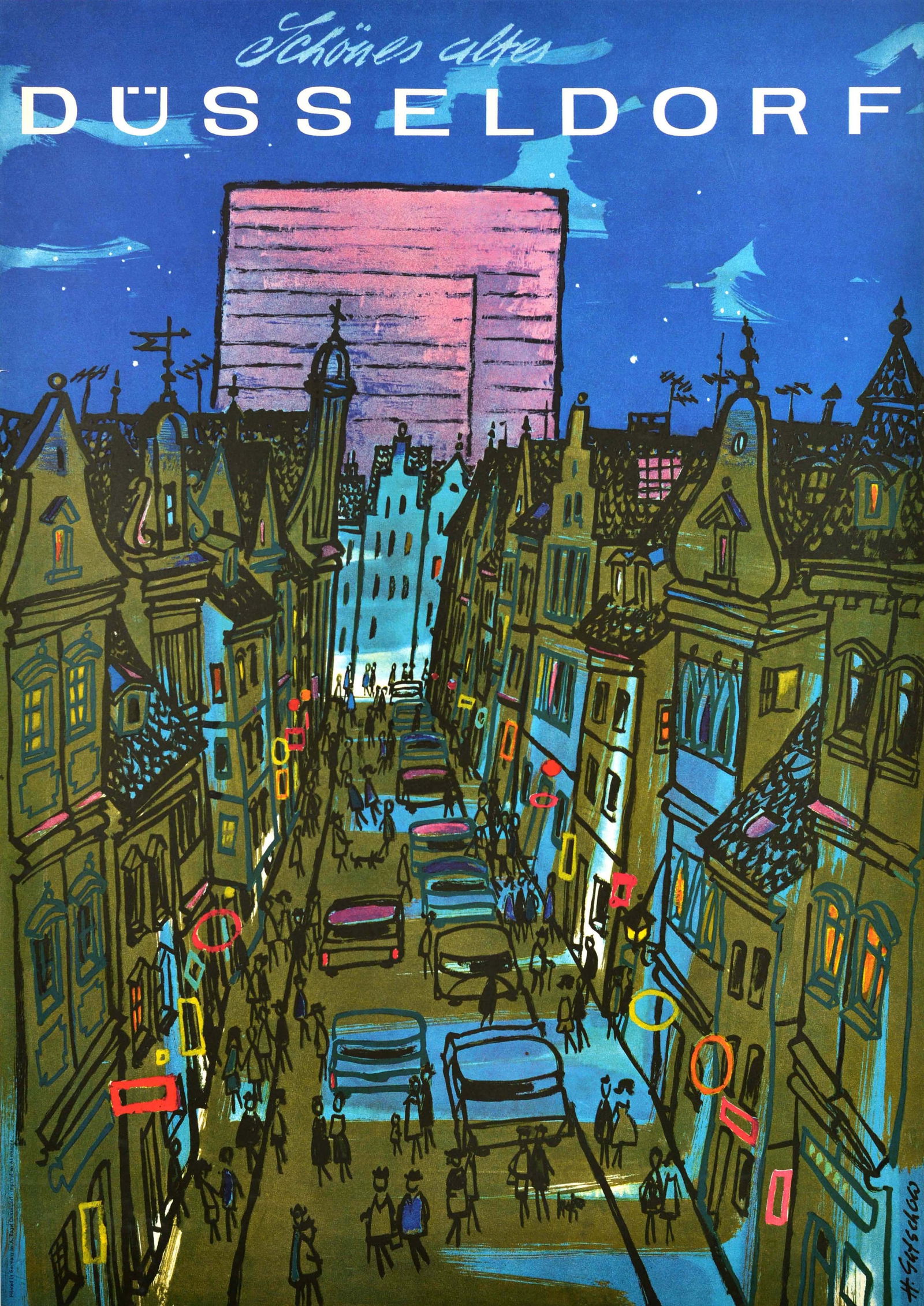 Travel Poster Beautiful Old Dusseldorf Germany: Original vintage travel poster for Beautiful old Dusseldorf / Schones altes Dusseldorf featuring great artwork by Harald Gutschow (1927-1998) depicting a night view of the city with people and cars on