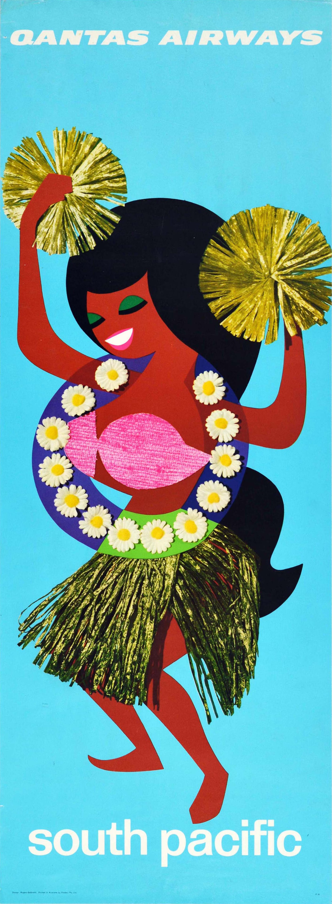 Travel Poster South Pacific Qantas Airways Australian Airline: Original vintage travel poster - Qantas Airways South Pacific - featuring a colourful collage style design showing a smiling lady with long black hair wearing green eyeshadow with a traditional grass 
