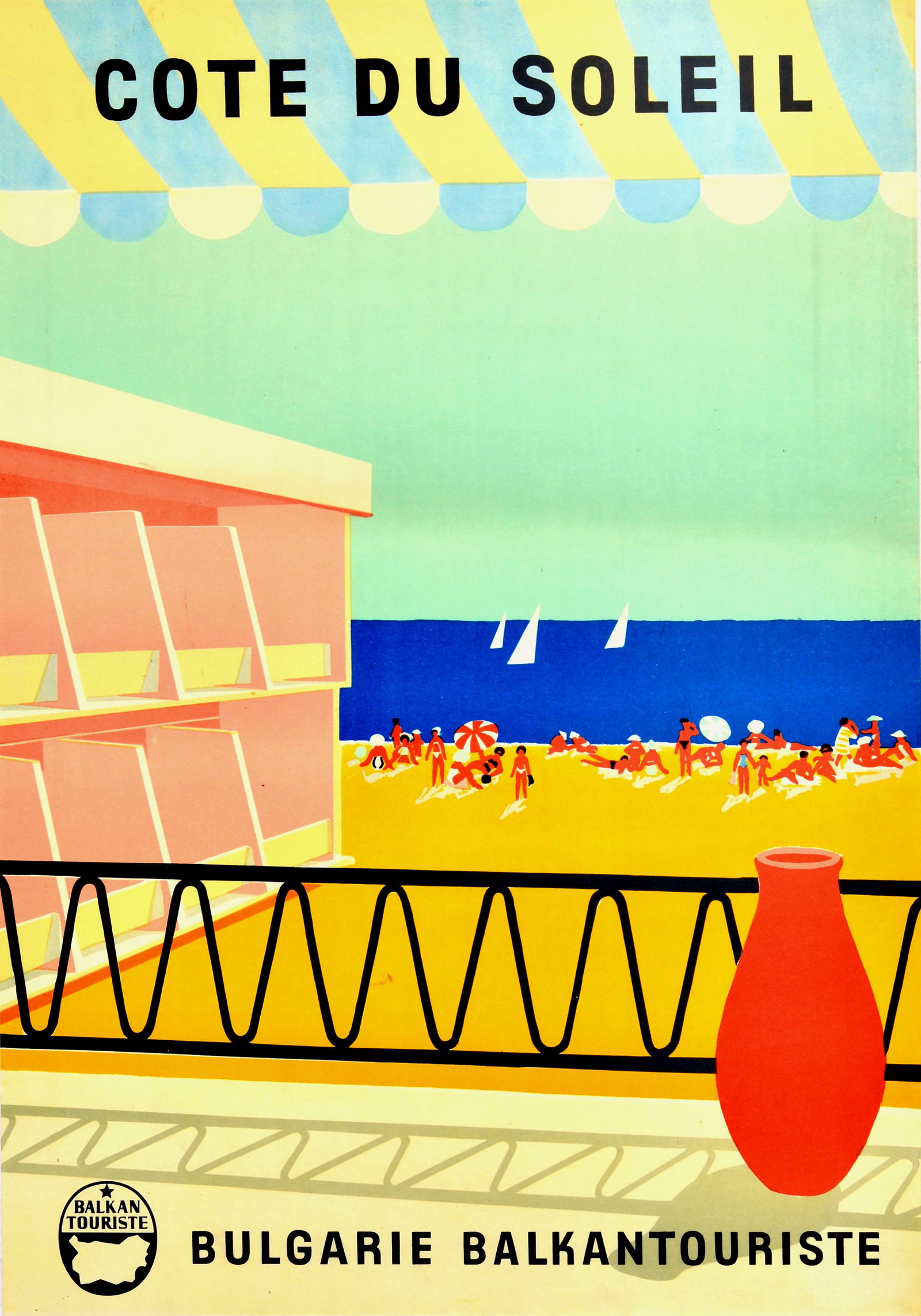 Travel Poster Sunny Beach Black Sea Bulgaria French: Original vintage travel advertising poster for Cote Du Soleil Bulgarie Balkantouriste / The Sunny Beach Bulgaria featuring a modernist style design of a scenic view from a balcony of people sunbathing