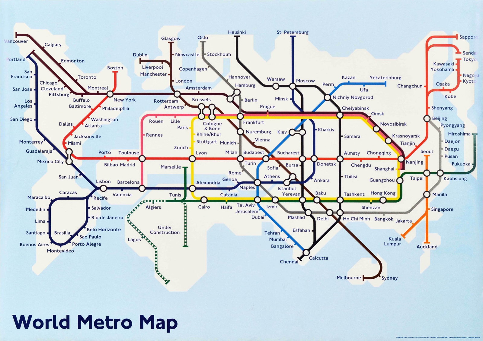 Travel Poster World Metro Map London Underground: Original poster by the graphic designer and public transport cartographer Mark Ovenden (b.1963) showing routes around the world in the style of the London Underground tube map - World Metro Map. Copyr