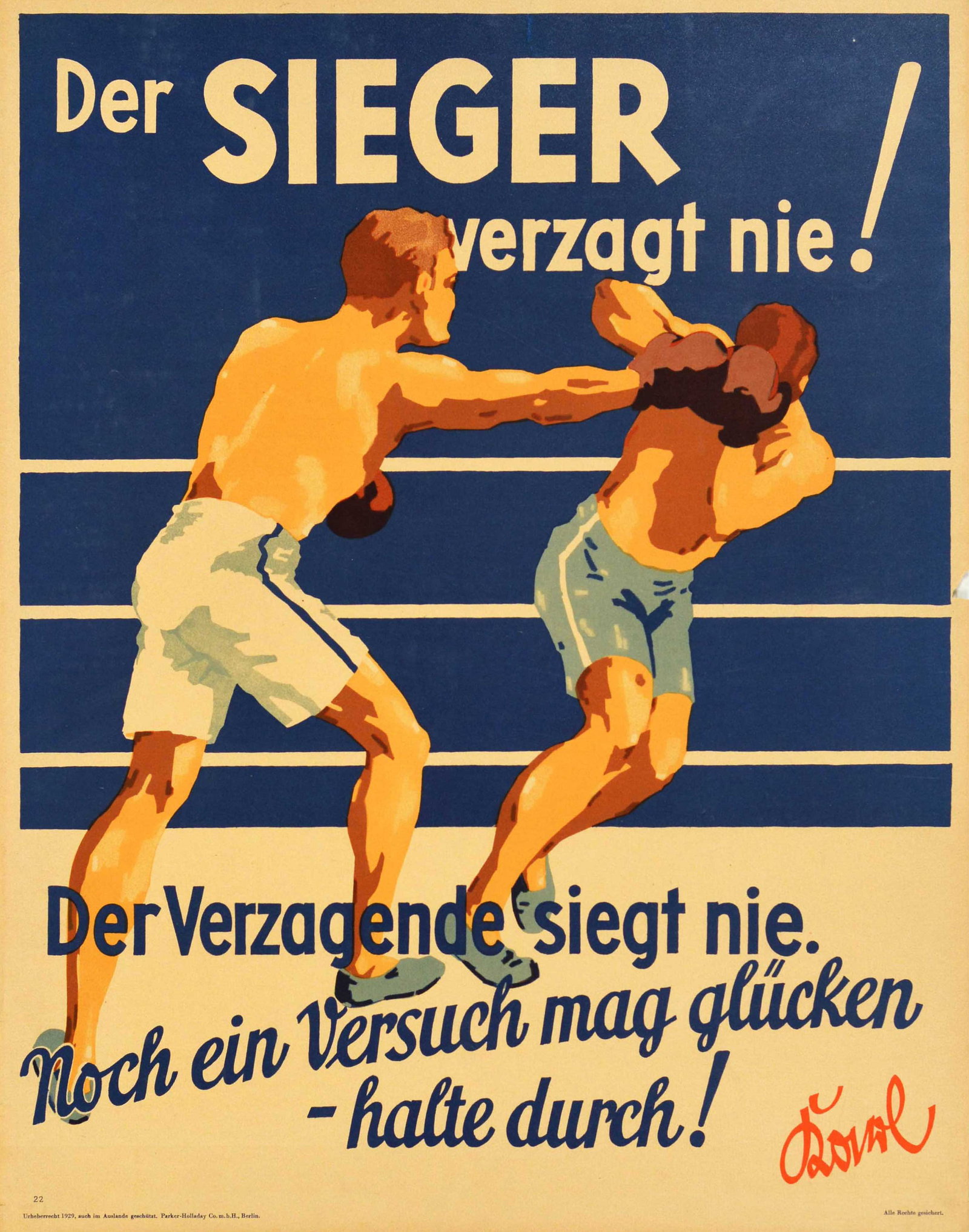 Sport Poster Hang In There Boxing Office Motivation Germany: Original vintage German motivational workplace poster issued by the Parker-Holladay company in Berlin featuring a sports illustration of two boxers fighting in a boxing ring with the quote in bold sty