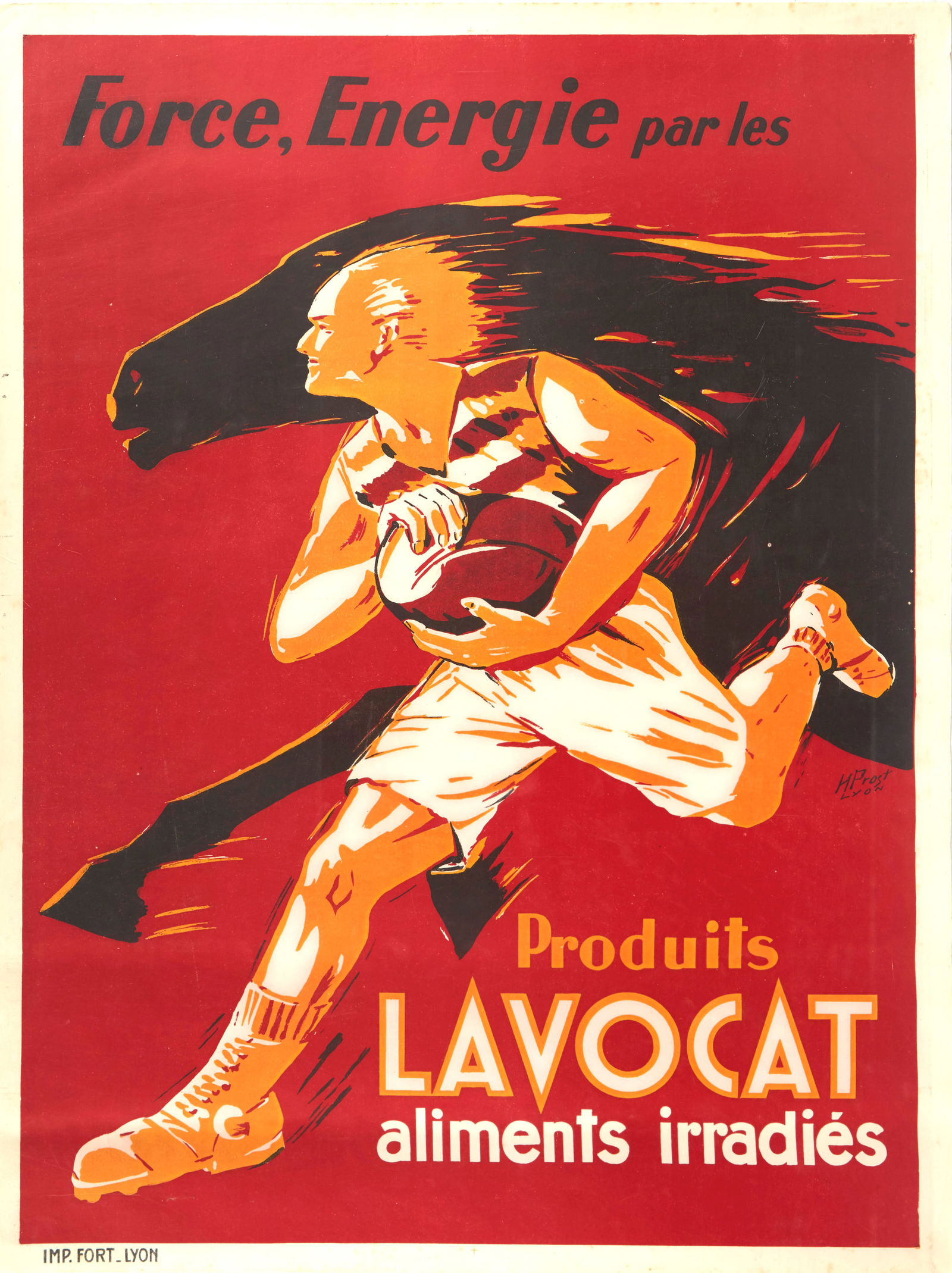Sport Poster Rugby Strength Energy Lavocat Products: Original vintage sport themed advertising poster - Strength, Energy by Lavocat Products irradiated food / Force, Energie par les Produits Lavocat aliments irradies - featuring dynamic artwork depictin