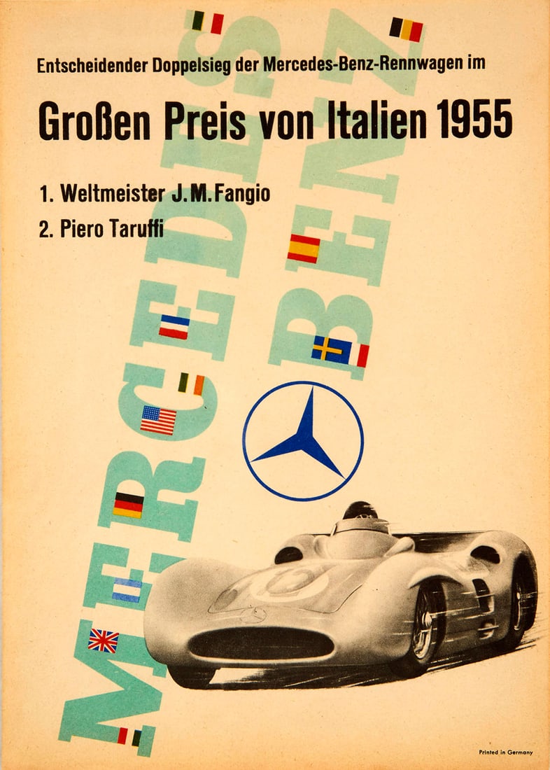 Sport Poster Mercedes Benz F1 Grossen Preis Von Italien 1955 Grand Prix: Original vintage poster published by Mercedes Benz to celebrate their Decisive Double Victory in the 1955 Italian Grand Prix / Entscheidender Doppelsieg der Mercedes-Benz-Rennwagen im Grossen Preis Vo