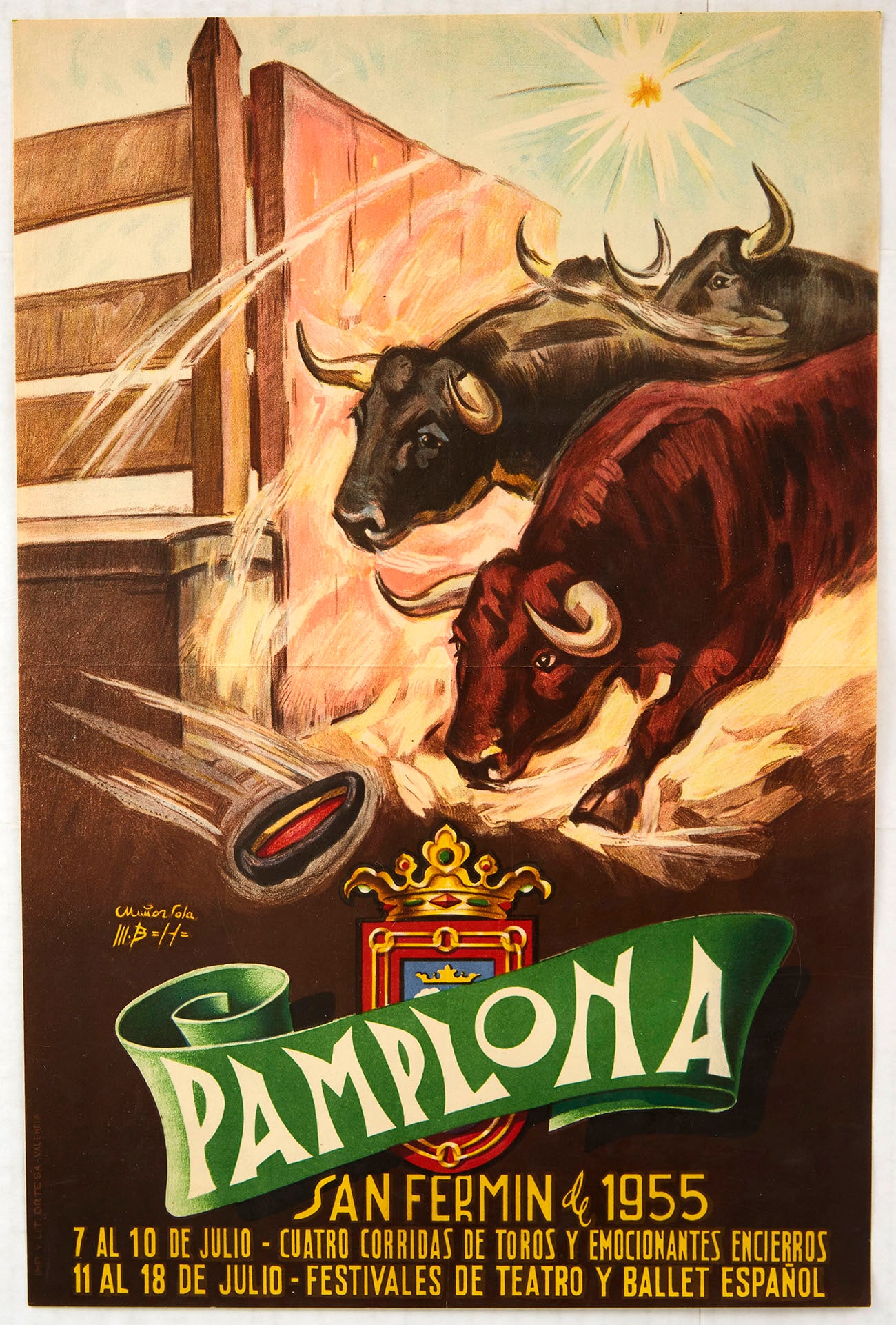 Sport Poster Pamplona Bull Run Spain: Original vintage poster for the Pamplona San Fermin de 1955 featuring a dynamic image of bulls running through an open wooden gate with a torero / bullfighter's hat dropped in speed of running, the st