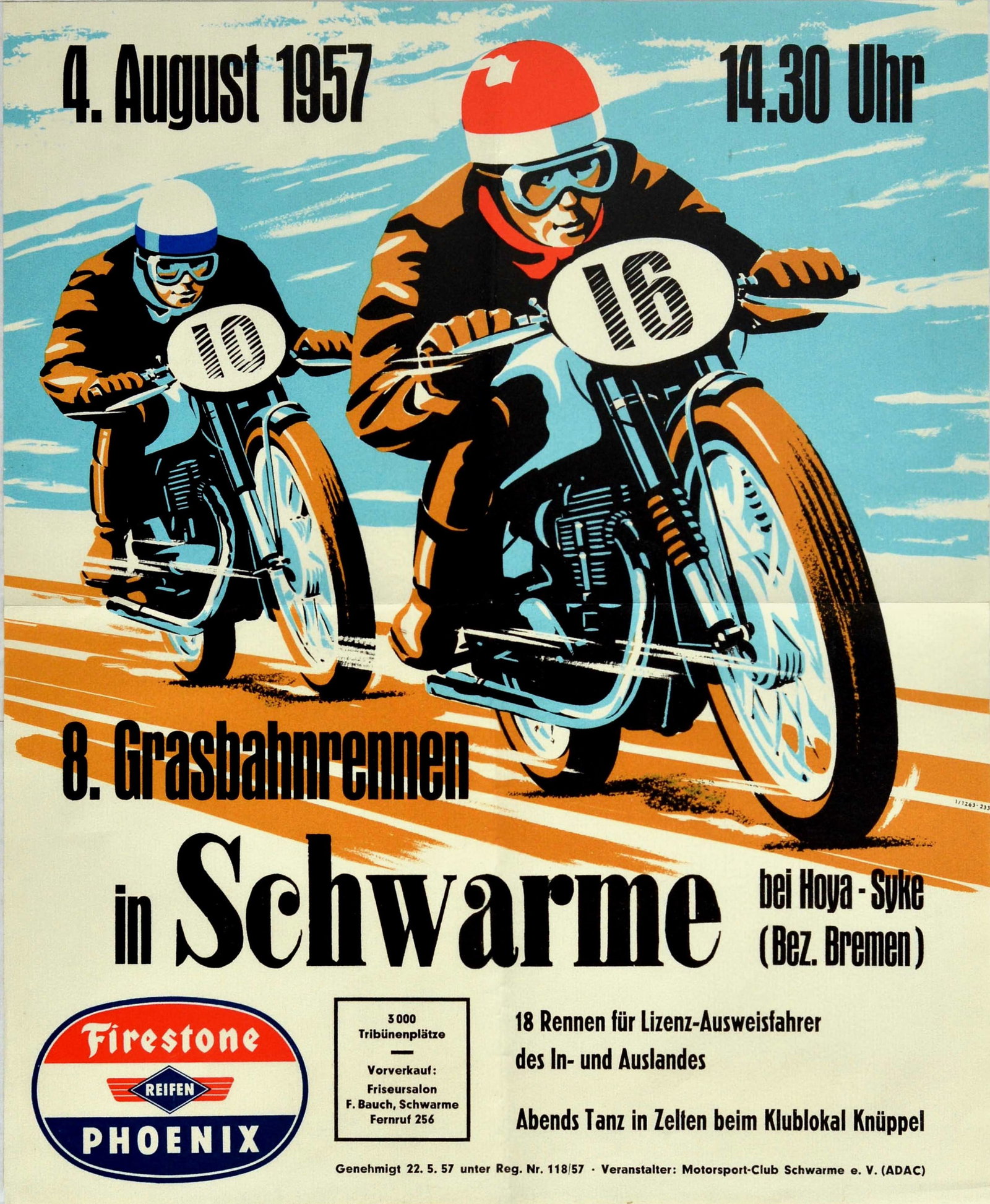 Sport Poster Grass Track Motorcyle Race Schwarme Grasbahnrennen: Original vintage motor sport event poster for the 8th Grass Track Race in Schwarme near Hoya Syke (Bremen District) for national and international licensed drivers organised by the Schwarme Motorsport