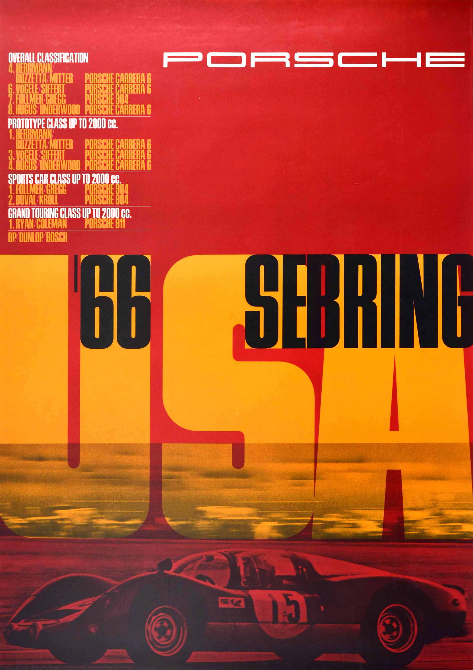 Sport Poster Porsche USA Sebring Florida Car Racing 1966: Original vintage motorsport poster - Porsche USA Sebring 1966 - featuring a dynamic image of a Porsche car numbered 15 racing at speed below the bold yellow and black lettering on a red background, th