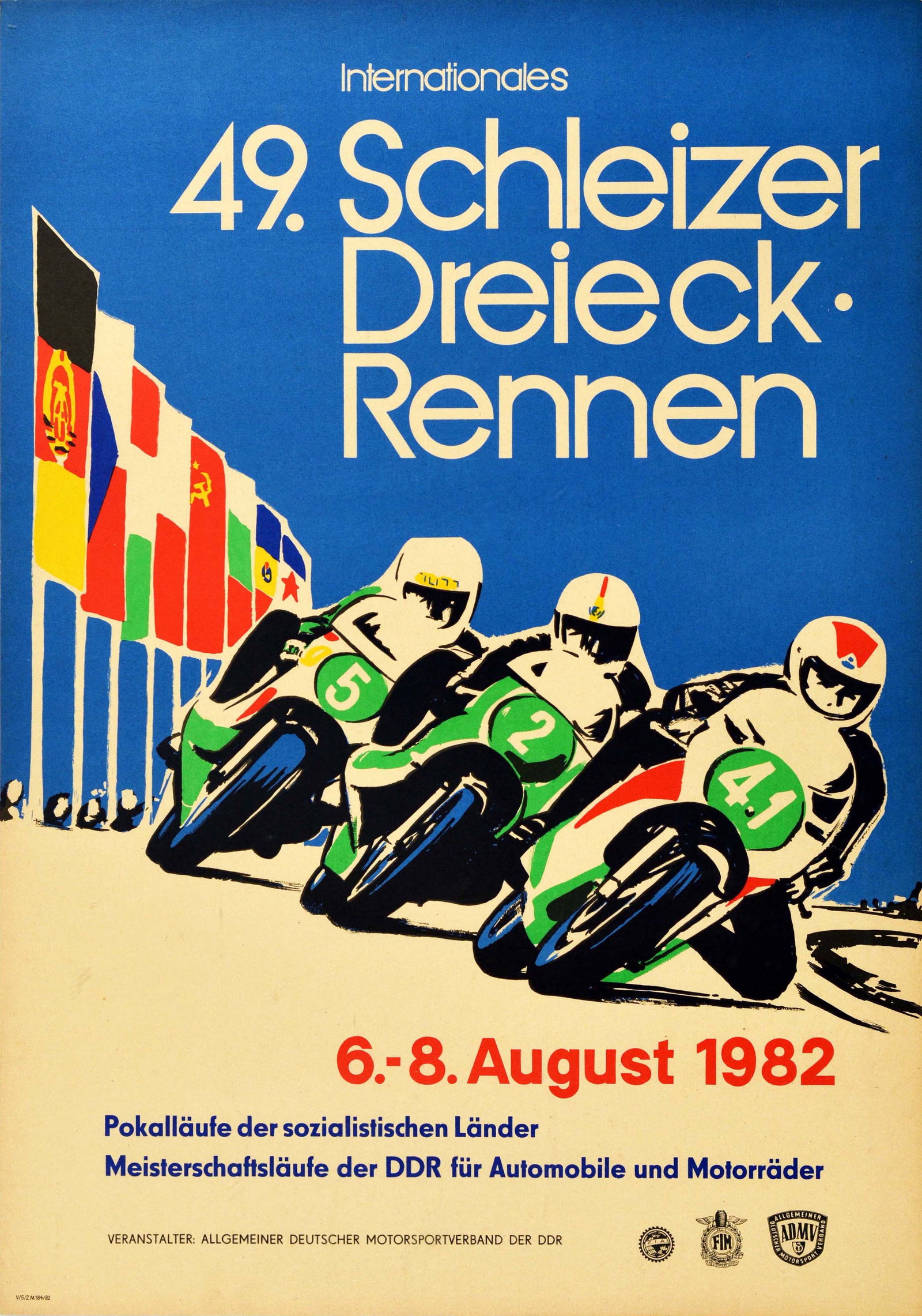 Sport Poster Schleizer Dreieck Motorcycle Racing: Original vintage motorsport poster for the 49th Schleizer Dreieck Rennen international road race on 6-8 August 1982 featuring a dynamic motorcycle racing image of three riders driving at speed towards