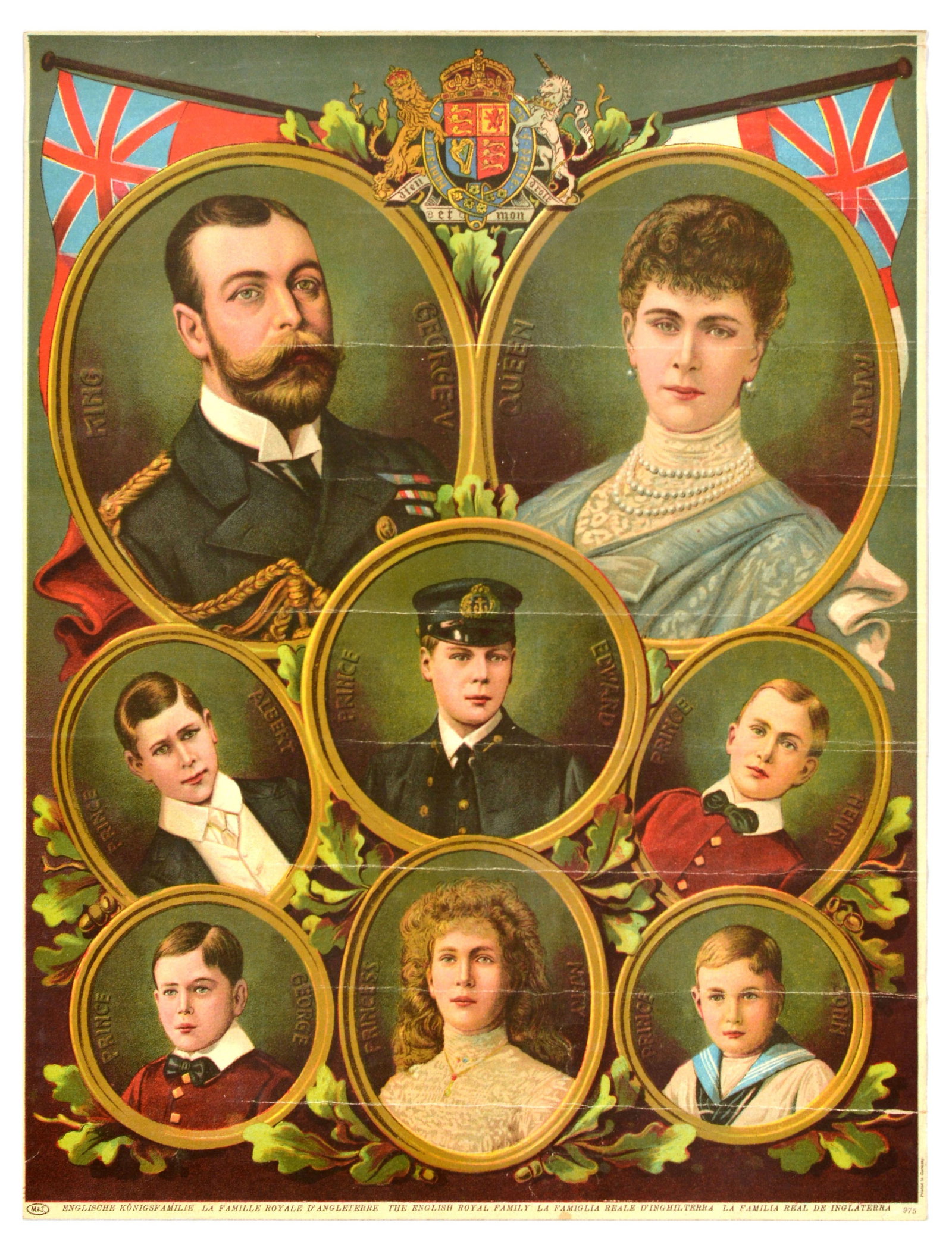 British Royal Family Portrait Set King George Queen Mary Elizabeth: Original antique poster set with portraits of the British Royal Family. 1. Englische Konigsfamilie featuring portraits of King George V, Queen Mary, Prince Albert, Prince Edward, Prince Henry, Prince 