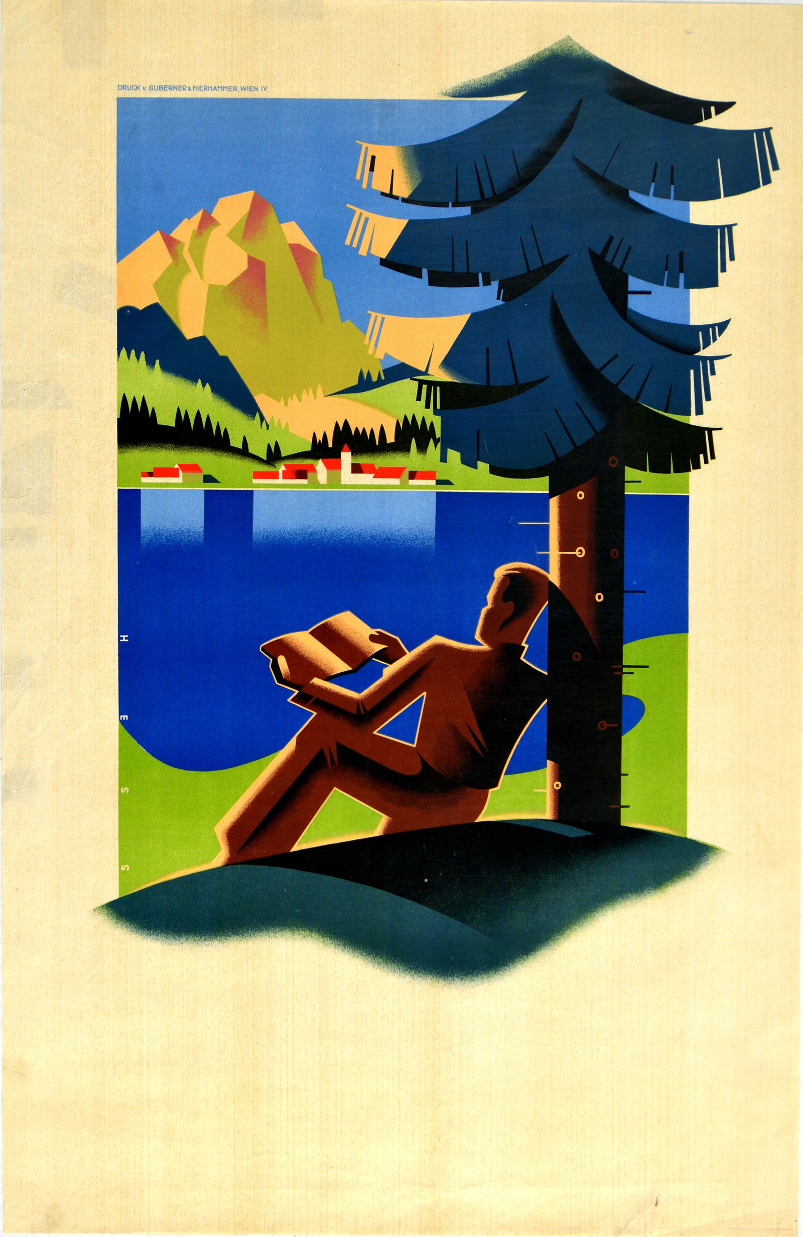 Advertising Poster Lakeside Man Reading Book Art Deco: Original vintage poster featuring an Art Deco style design depicting a man sitting against a tree in the shade and reading a book by a deep blue lake with a village and mountain peaks in the distance.