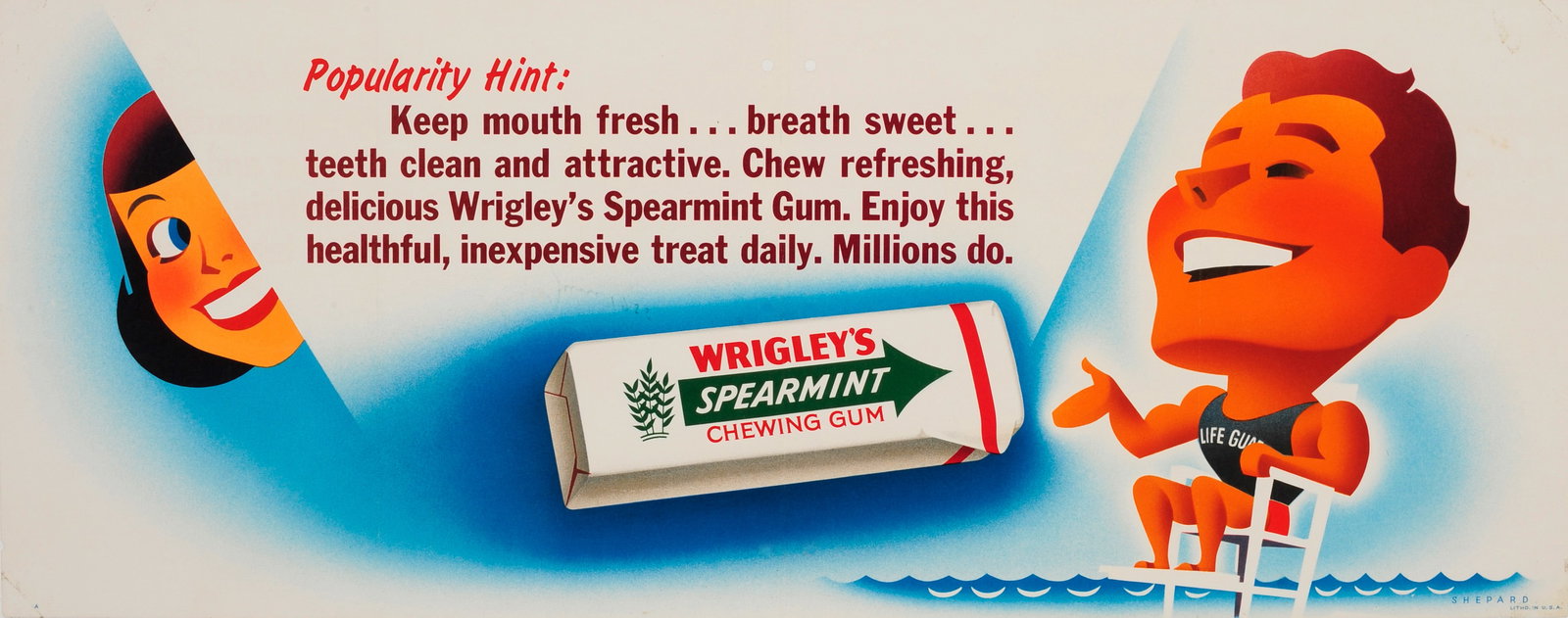 Advertising Poster Wrigleys Spearmint Chewing Gum Lifeguard: Original vintage advertising poster for Wrigley's Spearmint Chewing Gum featuring a fun and colourful stylised modernist design by the American poster designer Otis Shepard (1894-1969; Wrigley's Art D