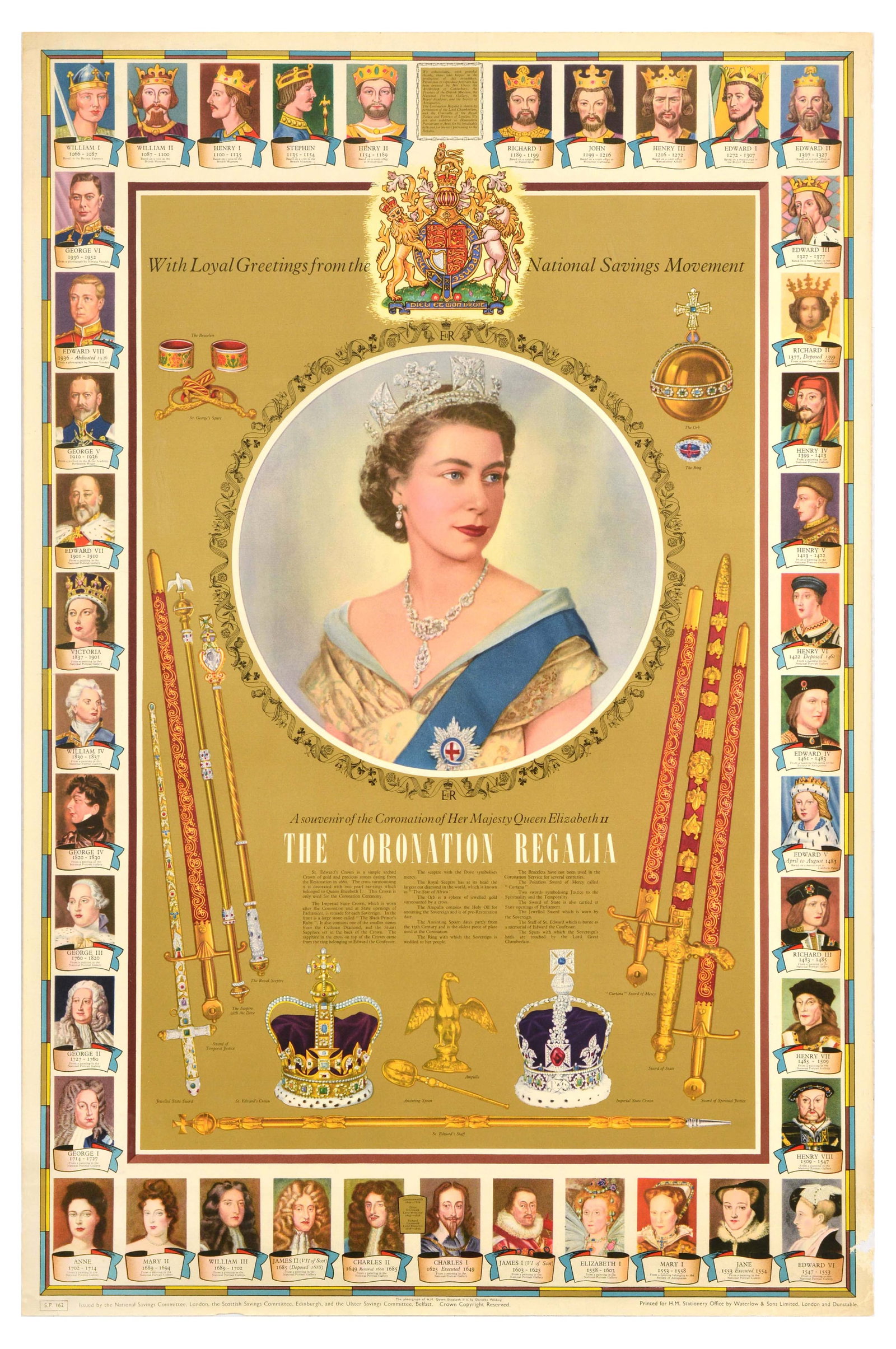 Advertising Poster Coronation Regalia National Savings Queen Elizabeth II: Original vintage poster - With Loyal Greetings from the National Savings Movement. A souvenir of the Coronation of Her Majesty Queen Elizabeth II. The Coronation Regalia - featuring an image of Queen 