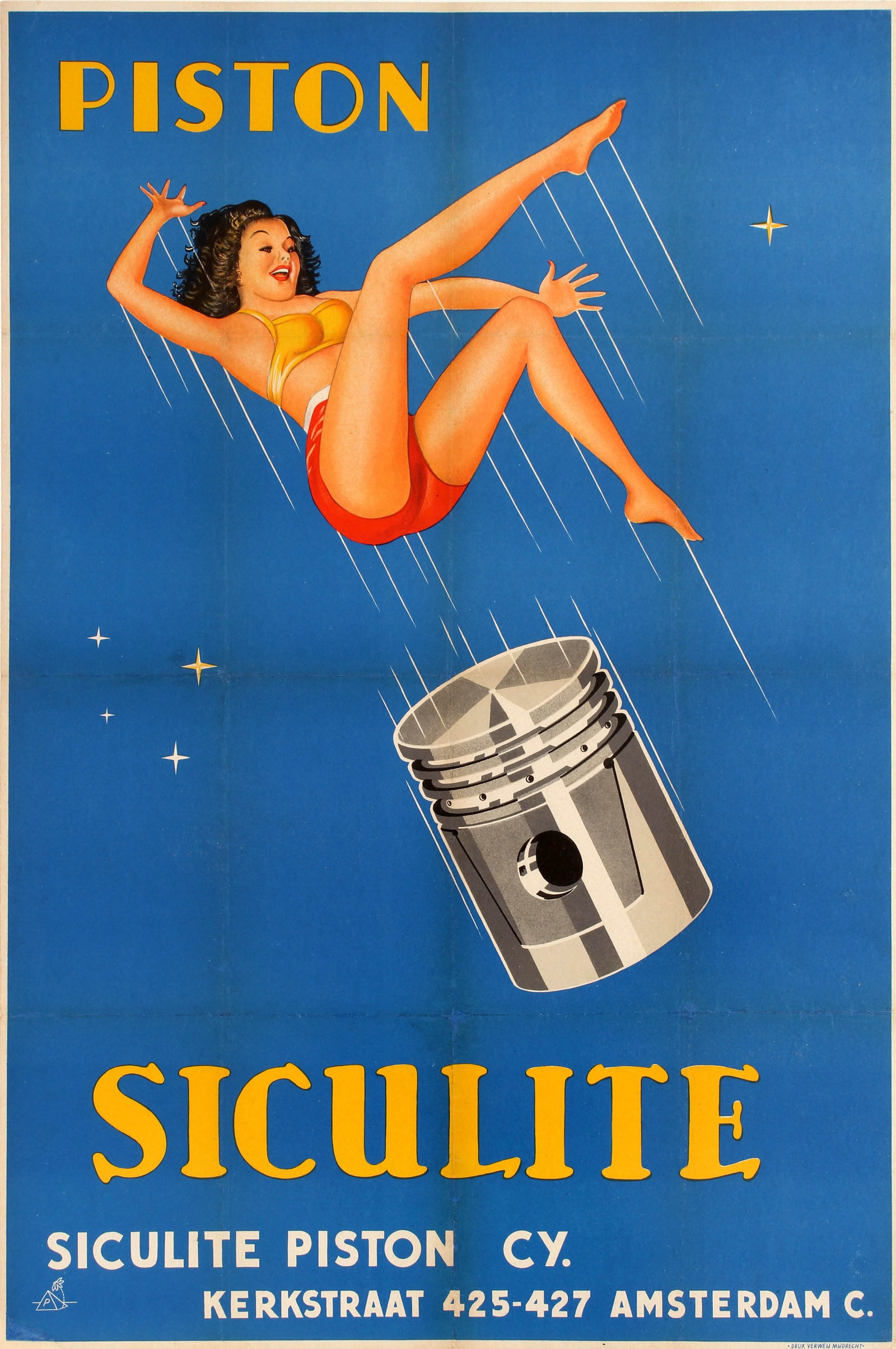 Advertising Poster Car Piston Siculite Pinup Netherlands: Original vintage Dutch advertising poster for Piston Siculite Kerkstraat Amsterdam featuring a colourful retro pin-up style design of a girl in a yellow top and red shorts shooting into space by a shi