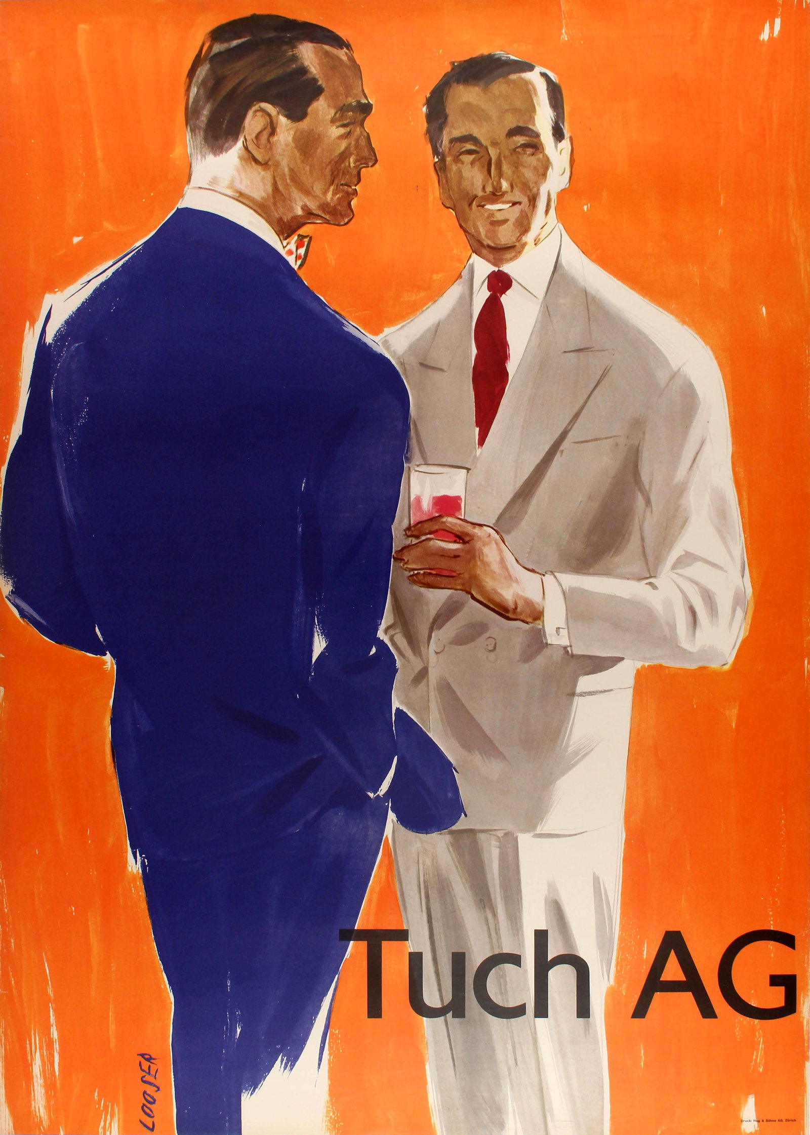 Advertising Poster Tuch AG Mens Fashion Midcentury Modern: Original vintage mid-century advertising poster for Tuch AG, a Swiss brand of fashion clothing, featuring a painting by the renowned graphic artist Hans Looser (1919-1988) of two smartly dressed men i