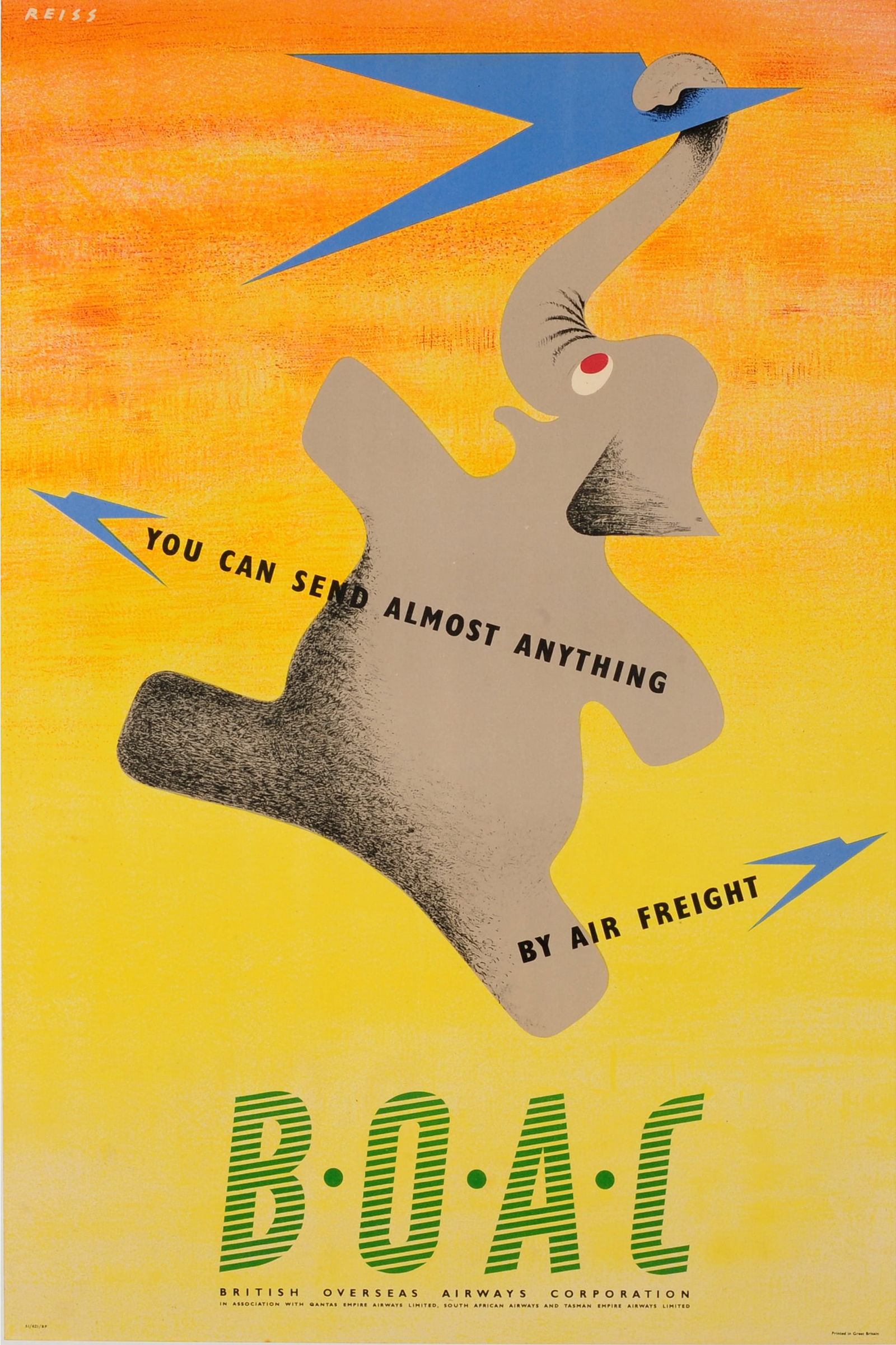 Advertising Poster BOAC Airline Air Freight Elephant Midcentury Manfred Reiss: Original vintage travel advertising poster promoting air freight services with BOAC featuring a fun and colourful mid-century style graphic design by Manfred Reiss (1922-1987) of a smiling elephant ho