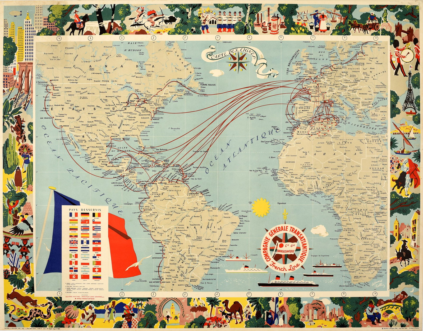 Advertising Poster Compagnie Generale Transatlantique CGT Illustrated World Map: Original vintage travel advertising poster for the Compagnie Generale Transatlantique (founded 1861) featuring a decorative world map with the Atlantic Ocean in the centre highlighting the routes betw