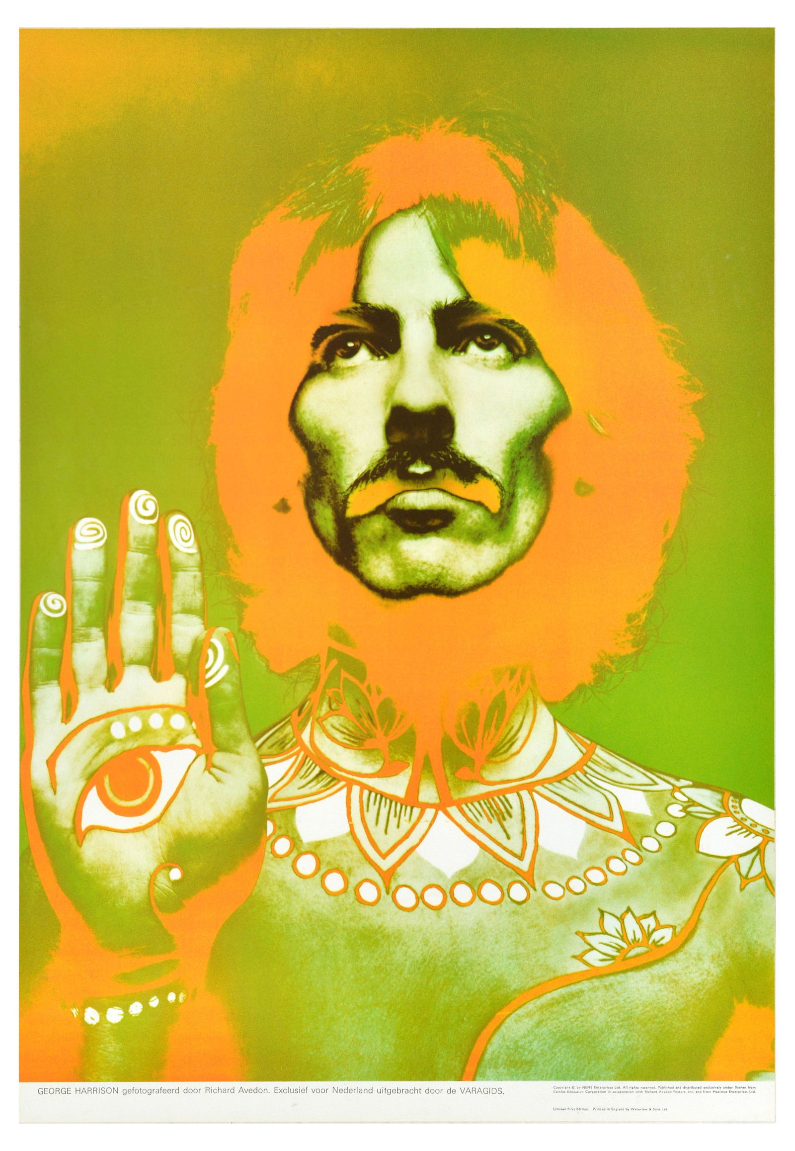Advertising Poster Beatles George Harrison Avedon: Original vintage music advertising poster featuring a colourful and psychedelic photo design using a new solarisation technique by the American photographer Richard Avedon (1923-2004) of the Beatles m