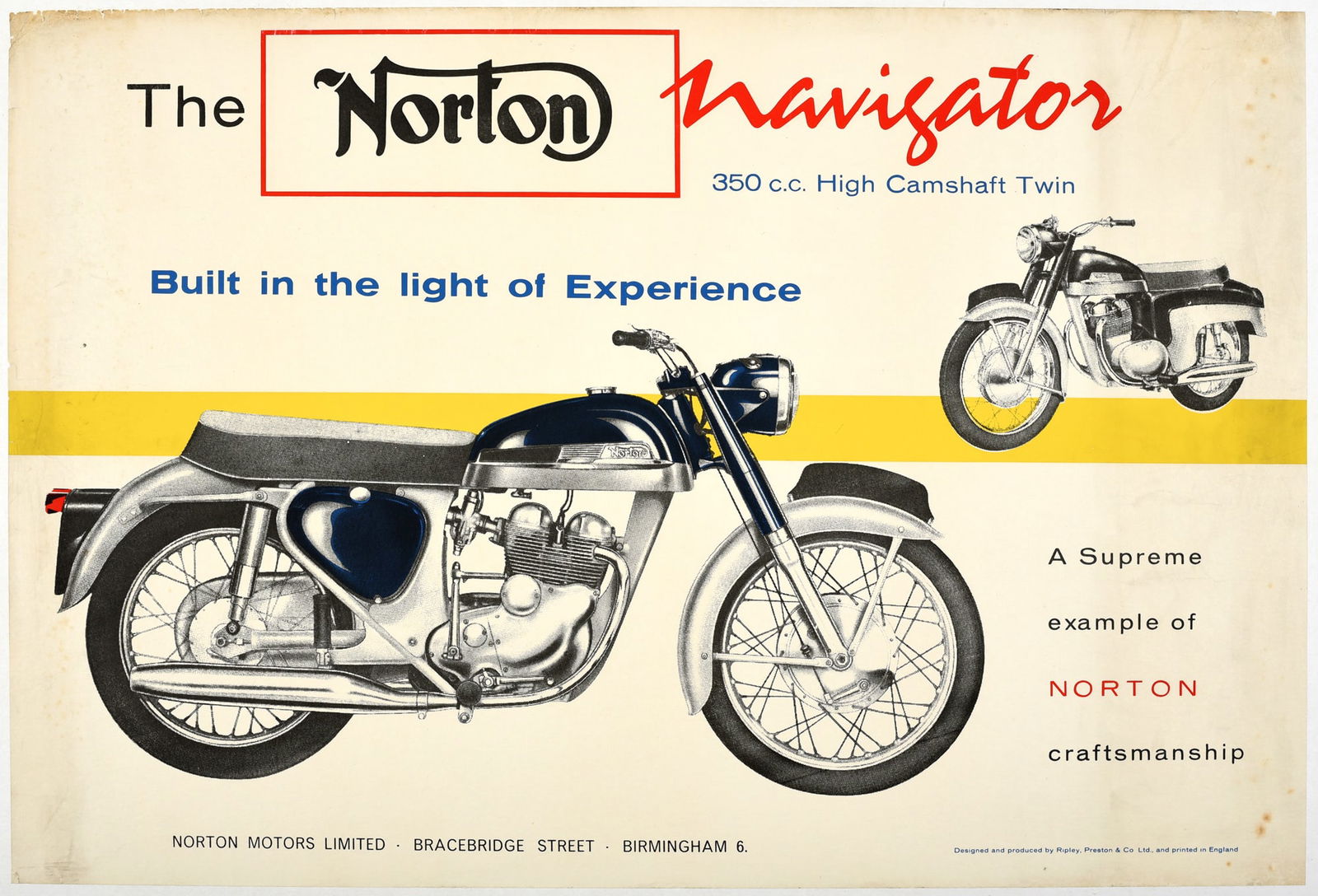 Advertising Poster Norton Navigator Motorcycle: Original vintage advertising poster for Norton - The Norton Navigator 350 cc High Camshaft Twin Built in the light of experience A supreme example of Norton craftsmanship - featuring two black and whi