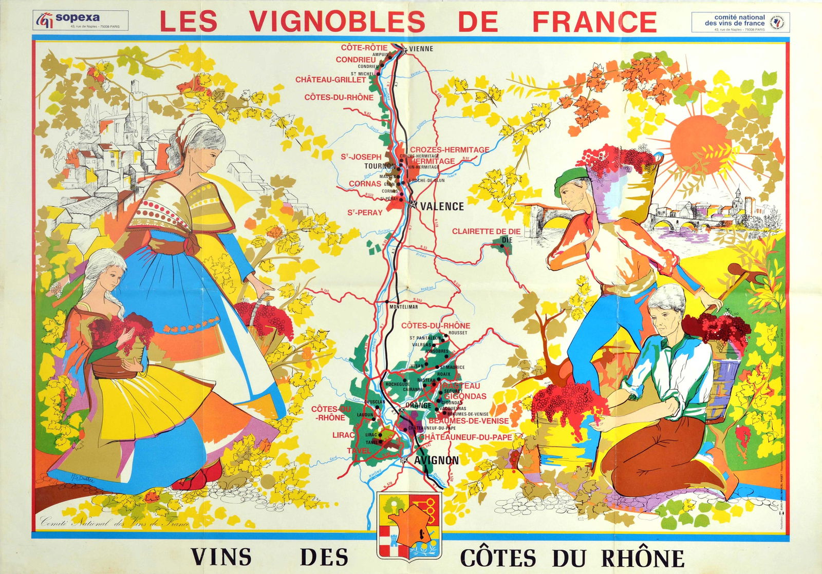 Advertising Poster Cotes Du Rhone Vineyards France French Wine Illustrated Map: Original vintage advertising poster for Les Vignobles de France Vins des Cotes Du Rhone / The Vineyards of France Cotes Du Rhone Wines featuring a pictographic map of the Cotes Du Rhone wine region sh