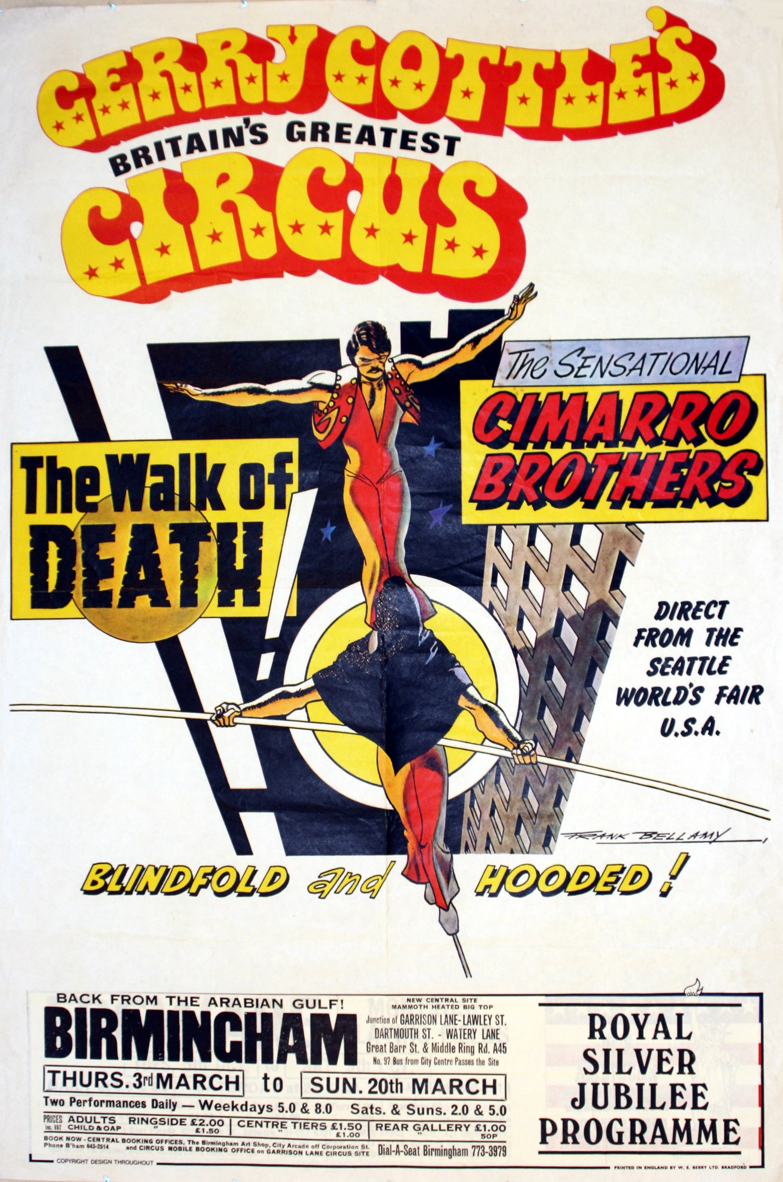 Advertising Poster Gerry Cottle's Circus The Walk of Death: Original vintage advertising poster for Gerry Cottle's Circus - The Walk of Death by renowned British comic artist, Frank Bellamy (1917-1976). "The Walk of Death featuring the sensational Cimarro Brot
