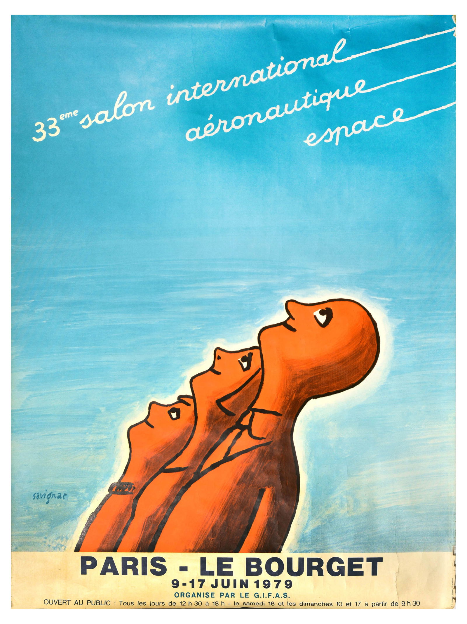 Advertising Poster International Aeronautics Space Show Paris Savignac: Original vintage advertising poster for the 33rd International Aeronautics Space Show which took place from 9=17 June 1979 at Le Bourget featuring an illustration by the notable French graphic artist