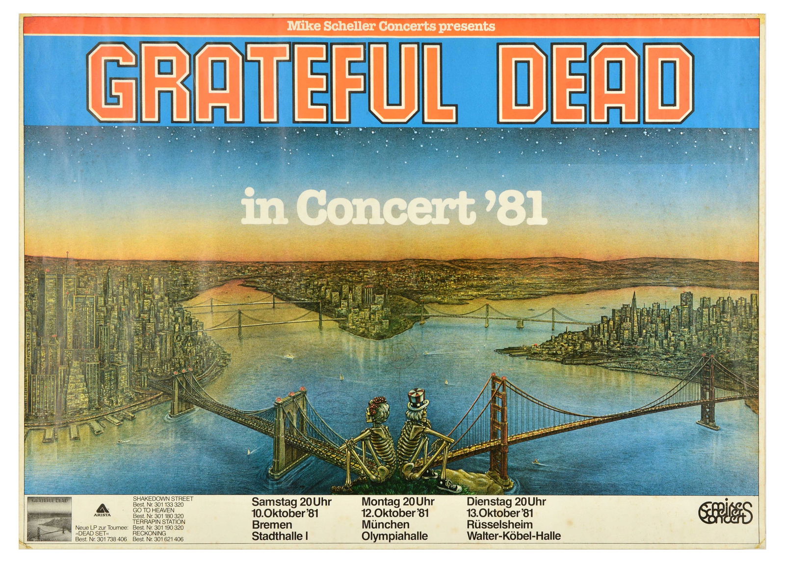 Advertising Poster Grateful Dead Concert Germany: Original vintage music advertising poster for Grateful Dead in Concert '81 promoting their seventh studio album Dead Set, featuring an illustration of an Uncle Sam skeleton perched on the Marin Headla