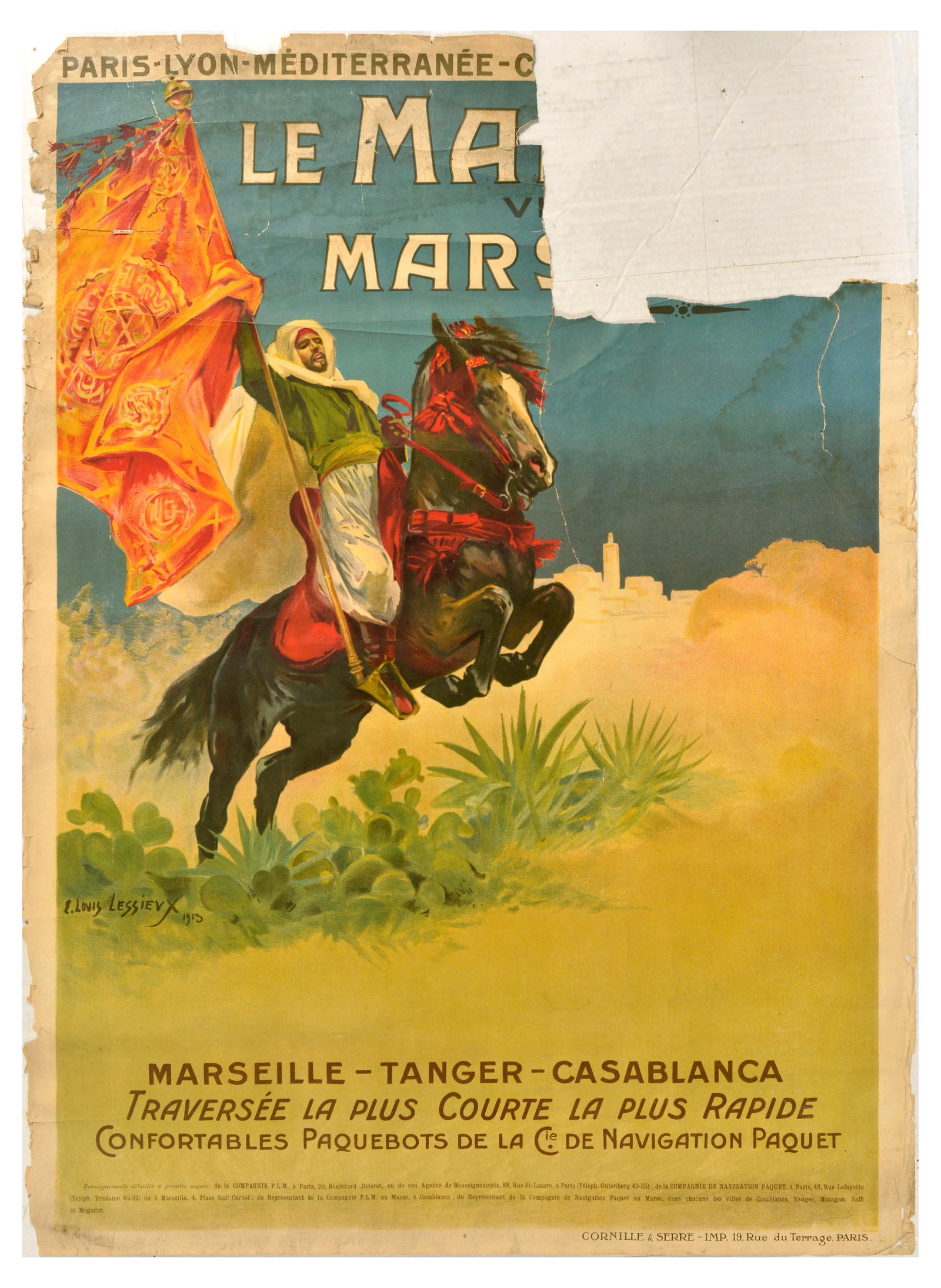 Travel Poster Morocco Via Marseille PLM Railway: Original antique travel advertising poster for PLM Paris Lyon Mediterranee railway trips Le Maroc via Marseille / Morocco via Marseille featuring a great image by Ernest-Louis Lessieux (1848-1925) dep