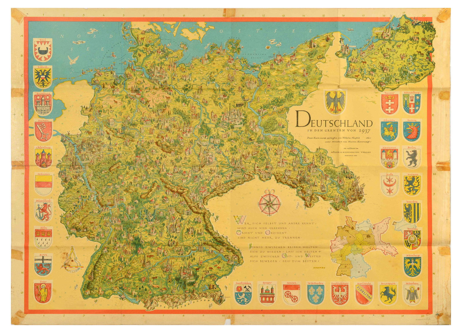 Travel Map Set Germany Map Geodesy Konigssee Bavaria: Set of 3 original vintage maps and prints. 1. Map of Germany with explanatory notes below in the legend marking the state frontiers, Germany's 1937 frontiers, boundaries of the Lander in the Federal R