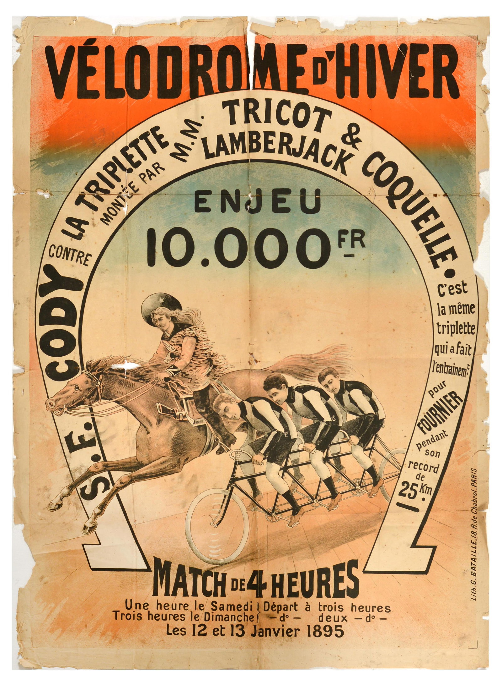 Sport Poster Velodrome France Velodrome SF Cody Triplets Horse Cycle Racing: Original antique sports advertising poster for a racing event SF Cody against the Triplets in a horse versus cycle race at Winter Velodrome on 12 and 13 January 1895, featuring a great design depictin
