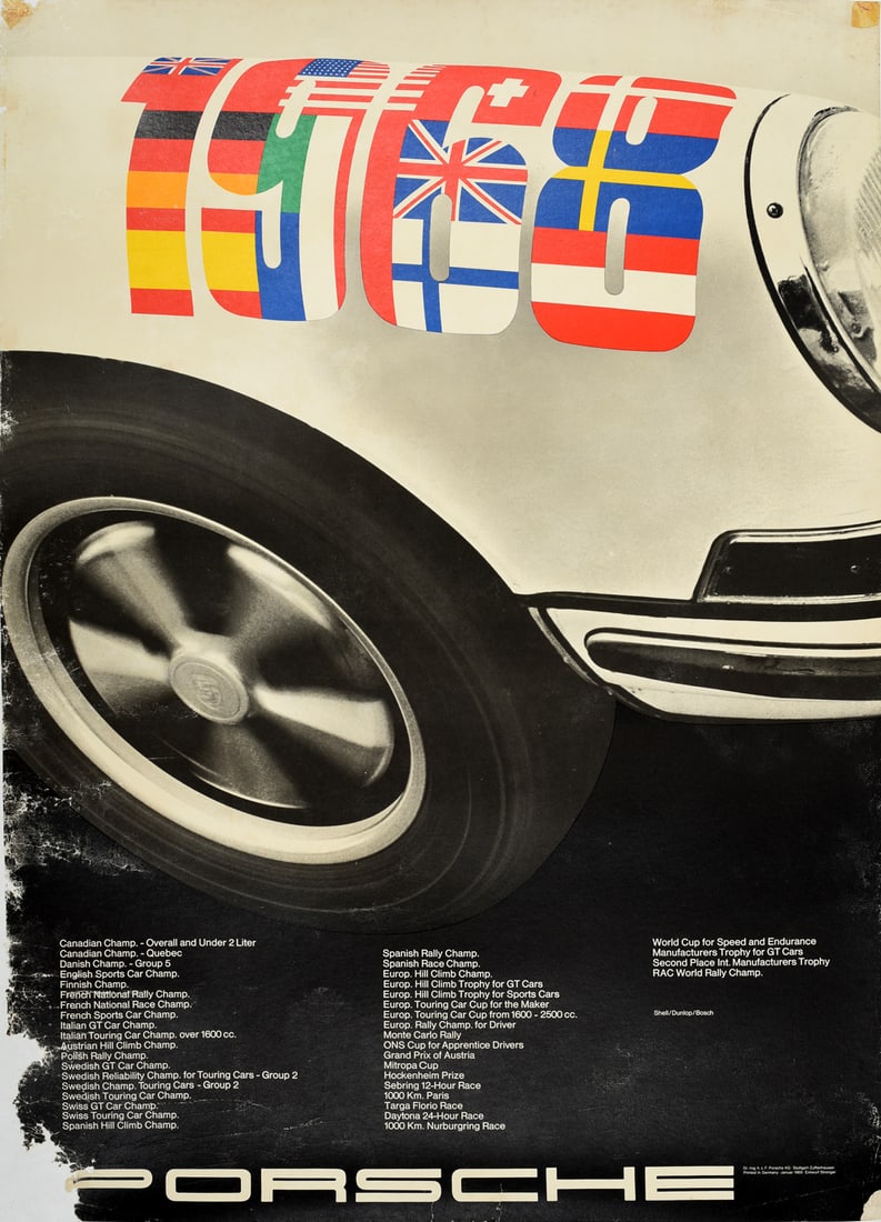 Sport Poster Porsche 911 Championship Wins 1968: Original vintage motor sport poster for Porsche celebrating every championship won by a Porsche car during their successful 1968 season featuring a dynamic image of the front of a Porsche automobile i