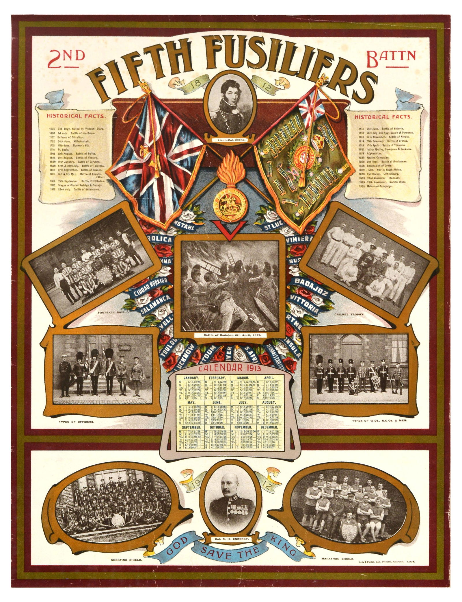 Propaganda Poster Fifth Fusiliers Calendar Infantry British Army: Original antique 2nd Fifth Fusiliers Battalion poster featuring historical facts, Union Jack flag, and images of Lieut. Col. Ridge, football shield, types of officers, shooting shield, Col. S. H. Ende