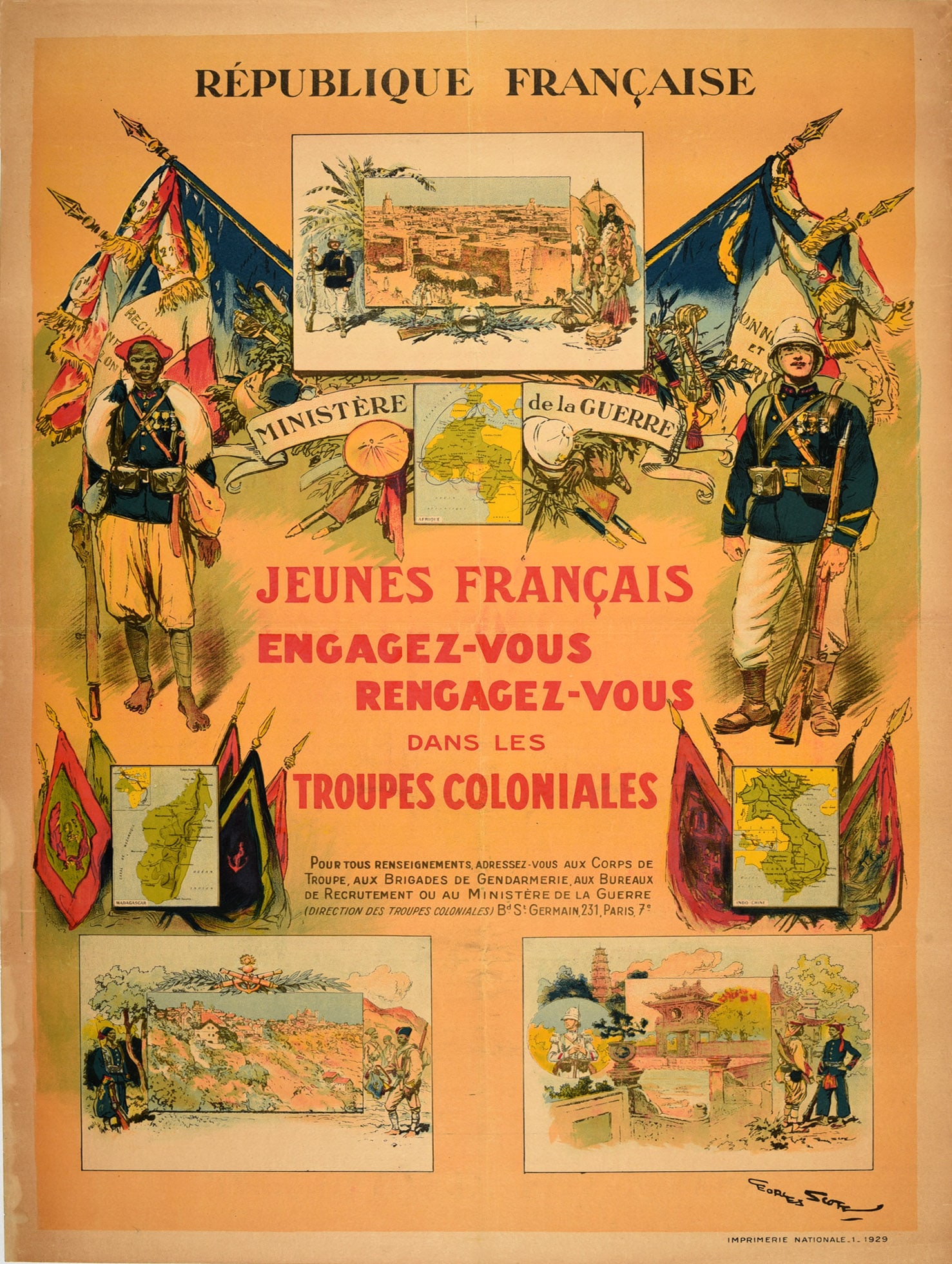 Propaganda Poster French Colonial Troops Indochina Africa Troupes Coloniales: Original vintage military recruitment poster encouraging Young French people to join or rejoin the Colonial Troops - Jeunes Francais Engagez-vous Rengagez-vous dans les Troupes Coloniales. Colourful d