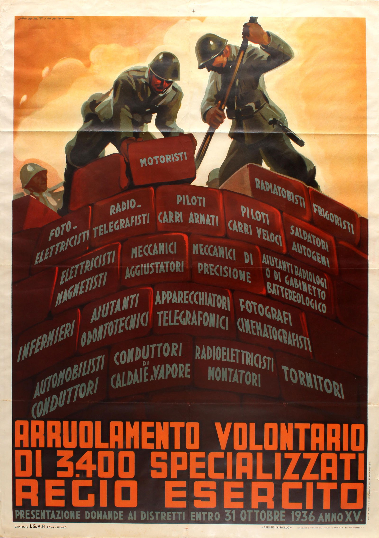 Propaganda Poster Italian Volunteer Army Recruitment Mussolini: Original vintage military recruitment poster published to encourage the enrolment of 3,400 volunteers to enlist into the Italian Specialised Regional Army / Arruolamento volontario di 3.400 specializz