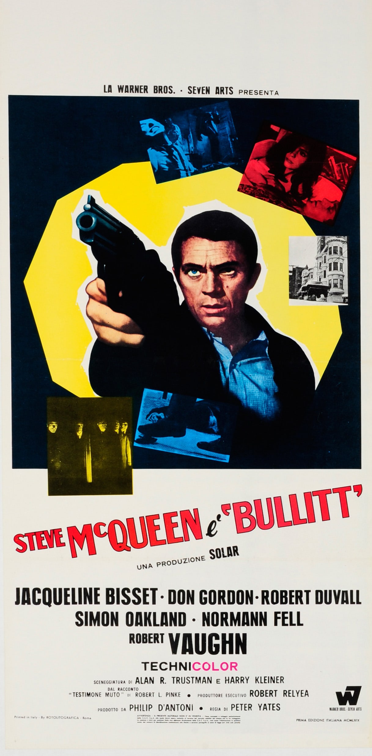Movie Poster Bullit Steve McQueen Italian Locandina: Original vintage movie poster for the Italian release of the classic American film Bullit directed by Peter Yates and starring Steve McQueen, Jacqueline Bisset, Don Gordon, Robert Duvall, Simon Oaklan
