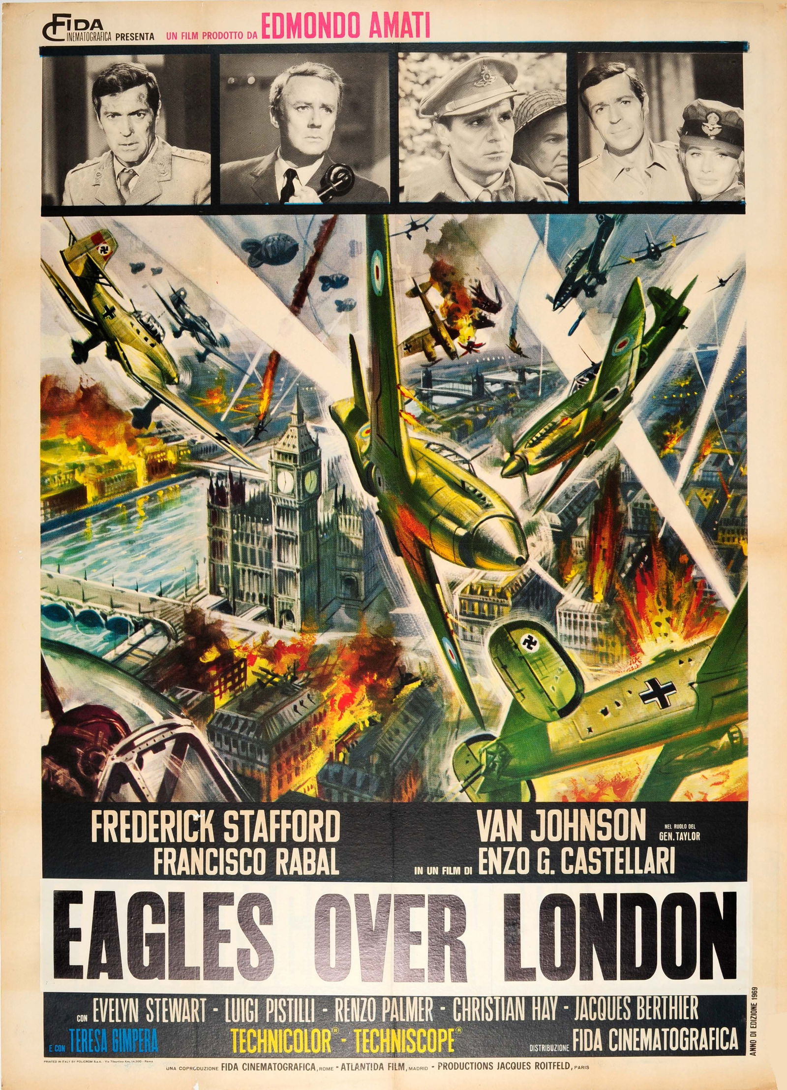 Movie Poster Eagles over London Blitz WWII Air Force Pilots: Original vintage movie poster for an Italian action drama film Eagles over London / La Battaglia d'Inghilterra directed by Enzo G. Castellari and starring Frederick Stafford, Van Johnson, Francisco Ra
