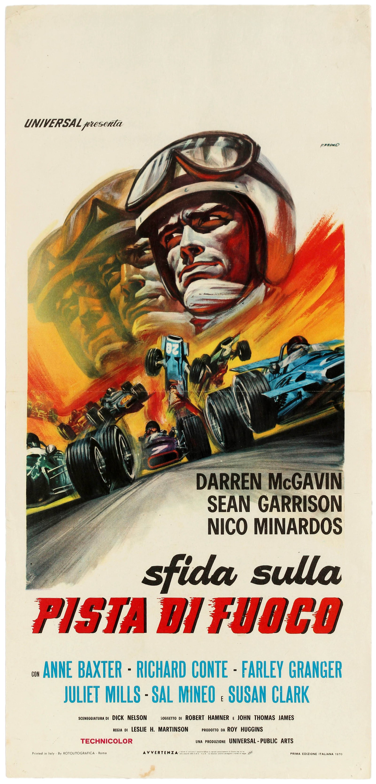 Movie Poster Challengers Pista Di Fuoco F1 Formula One Racing Drama: Original vintage movie poster for the Italian release of the sport drama film The Challengers directed by Leslie H. Martinson and starring Darren McGavin, Sean Garrison and Nico Minardos. Dynamic and 