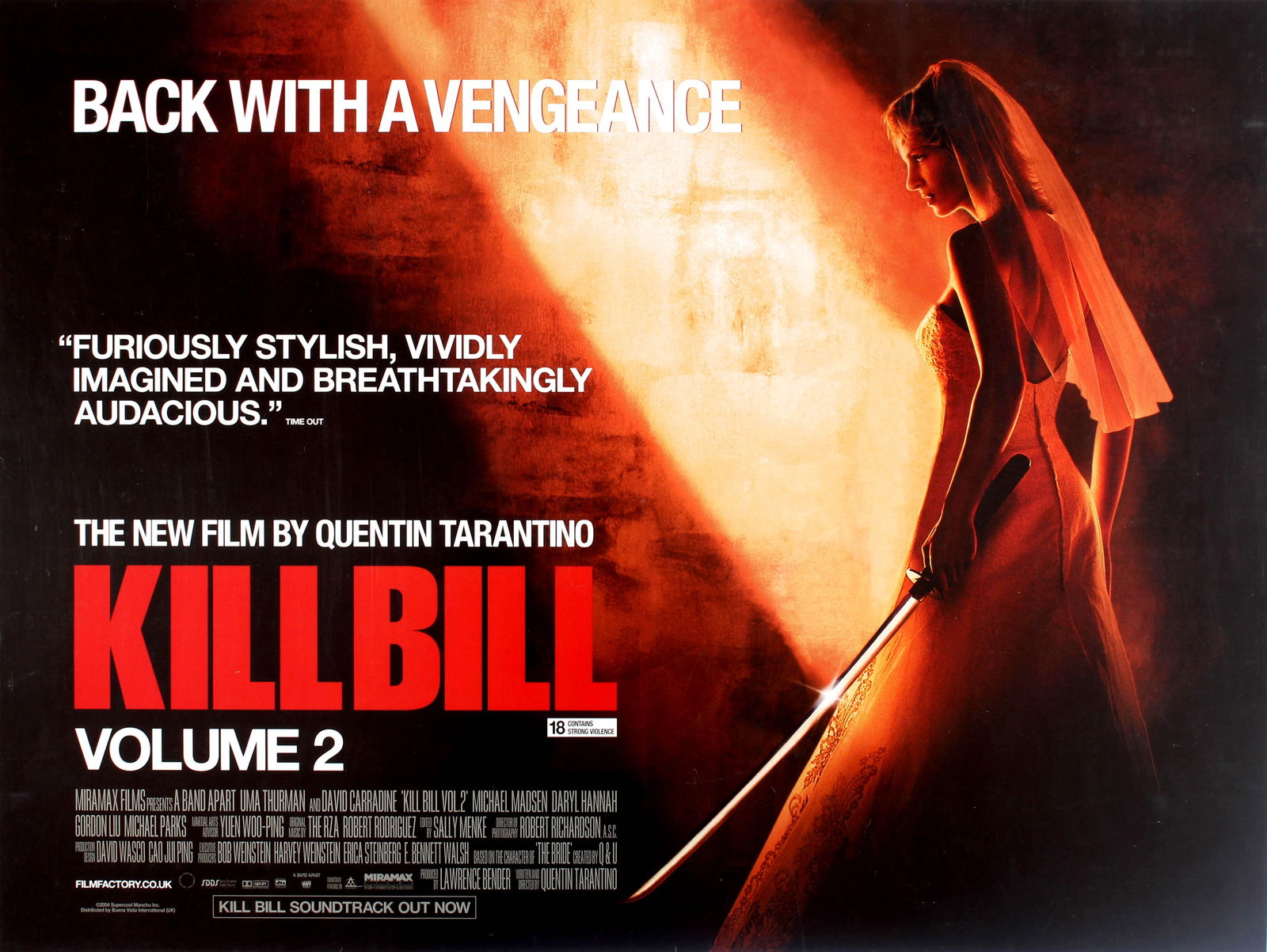 Movie Poster Kill Bill Volume 2 Quentin Tarantino: Original vintage movie poster for the American cult martial arts film Kill Bill Volume 2, The New Film by Quentin Tarantino – Back with a Vengeance – "Furiously stylish, vividly imagined a