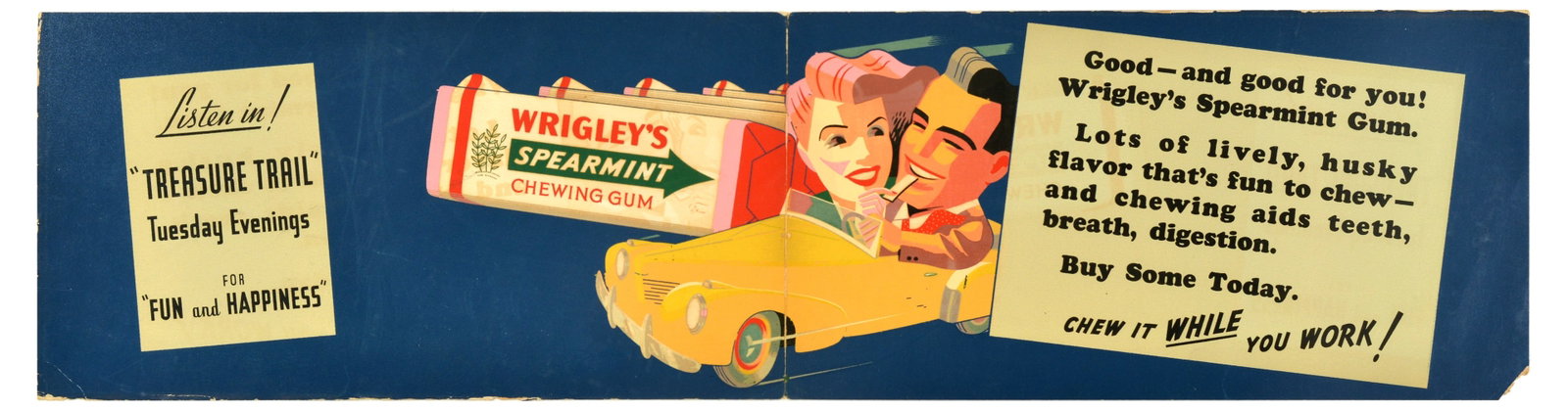 Advertising Poster Wrigley's Spearmint Chewing Gum Car: Original vintage advertising poster for Wrigley's Spearmint Chewing Gum featuring a fun illustration of a couple in a car with chewing gum pack on the side, the caption reads - Good - and good for you