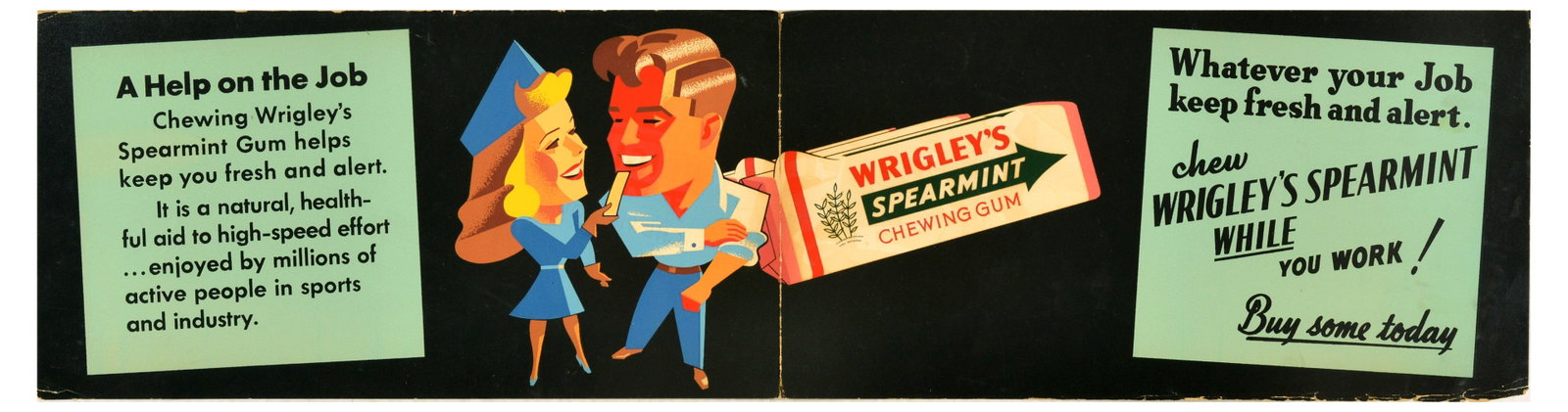 Advertising Poster Wrigley's Spearmint Chewing Gum Job: Original vintage advertising poster for Wrigley's Spearmint Chewing Gum featuring a fun illustration of a lady feeding a gum to a gentleman with a pack of gum on a black background, post-it note stick