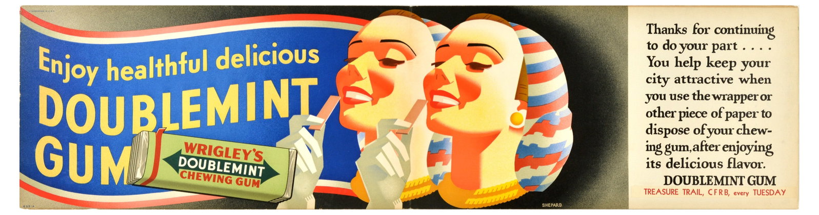 Advertising Poster Wrigley's Doublemint Gum Wrapper: Original vintage advertising poster for Wrigley's Doublemint Chewing Gum - Enjoy healthful delicious Doublemint Gum - featuring a fun stylised image by the American poster designer Otis Shepard (1894-