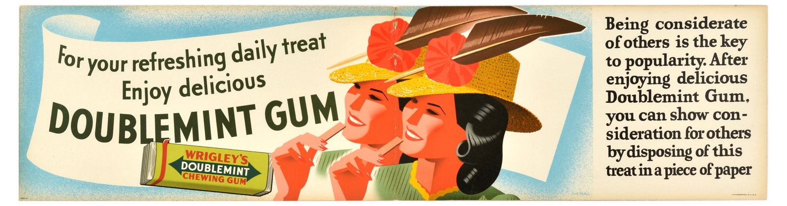Advertising Poster Wrigley's Doublemint Gum Daily Treat: Original vintage advertising poster for Wrigley's Doublemint Chewing Gum - For your refreshing daily treat enjoy delicious Doublemint gum - featuring a fun stylised image by the American poster design
