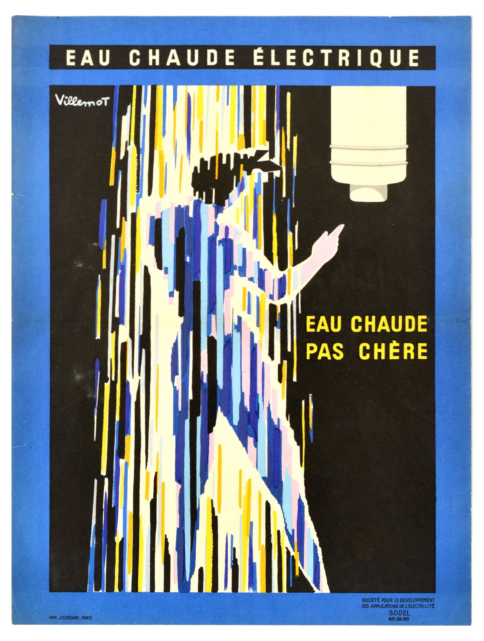 Advertising Poster Eau Chaude Electrique Shower Villemot: Original vintage advertising poster Eau Chaude Electrique - Eau Chaude Pas Chere / Electric Hot Water - Cheap Hot Water - Featuring colourful artwork by the renowned graphic artist Bernard Villemot (1