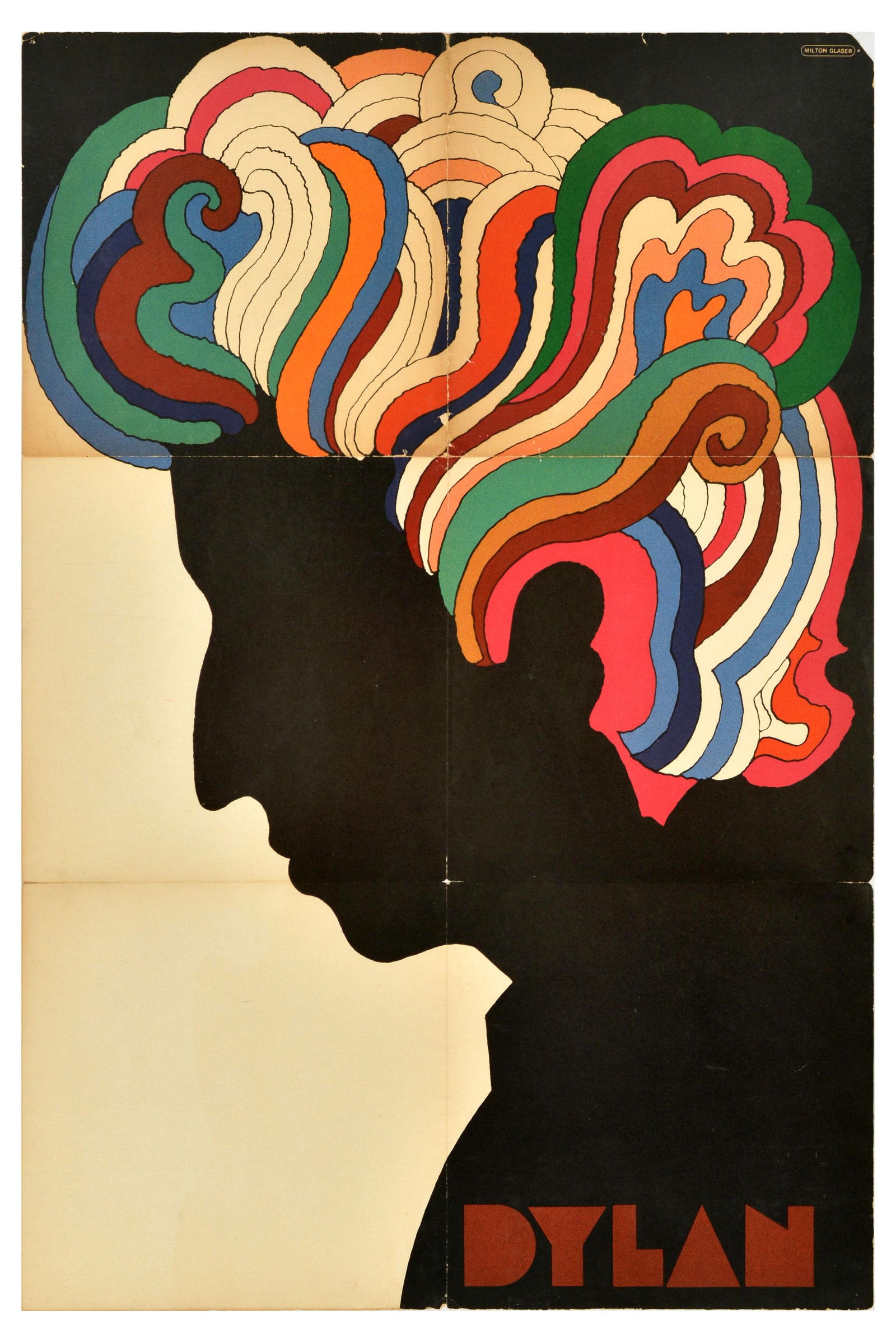 Advertising Poster Bob Dylan Milton Glaser Music: Original vintage music poster from the sixties psychedelic era featuring an iconic image of the influential musician Bob Dylan (Robert Allen Zimmerman; b 1941). This colourful design depicting Dylan's