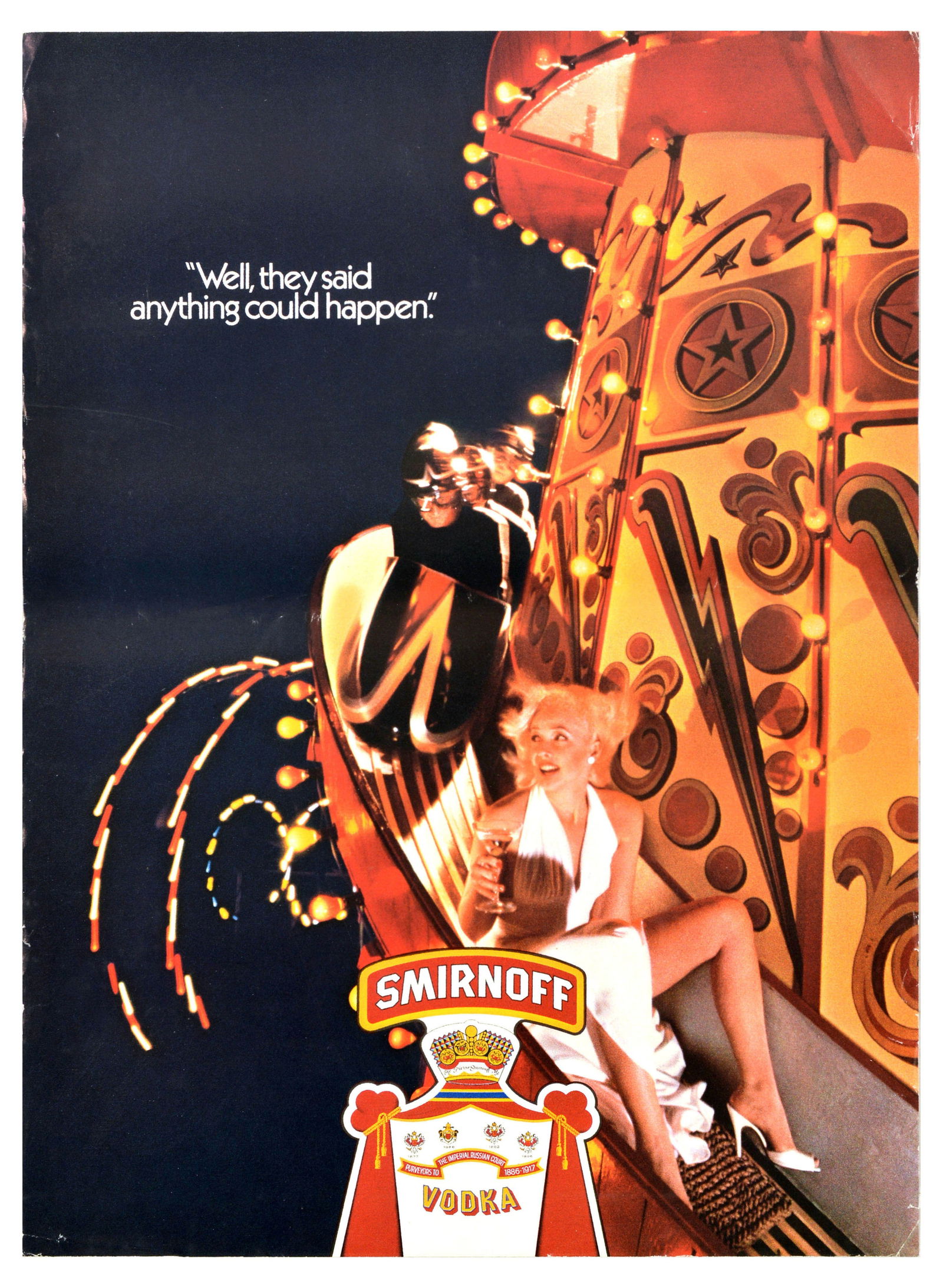 Advertising Poster Smirnoff Vodka Brian Duffy Slide Helter Skelter Ride Alcohol Marilyn Monroe: Original vintage drink advertising poster for Smirnoff, the renowned vodka brand founded in Moscow. Smirnoff uses a humorous advertising slogan - "Well, they said anything could happen" The photograph