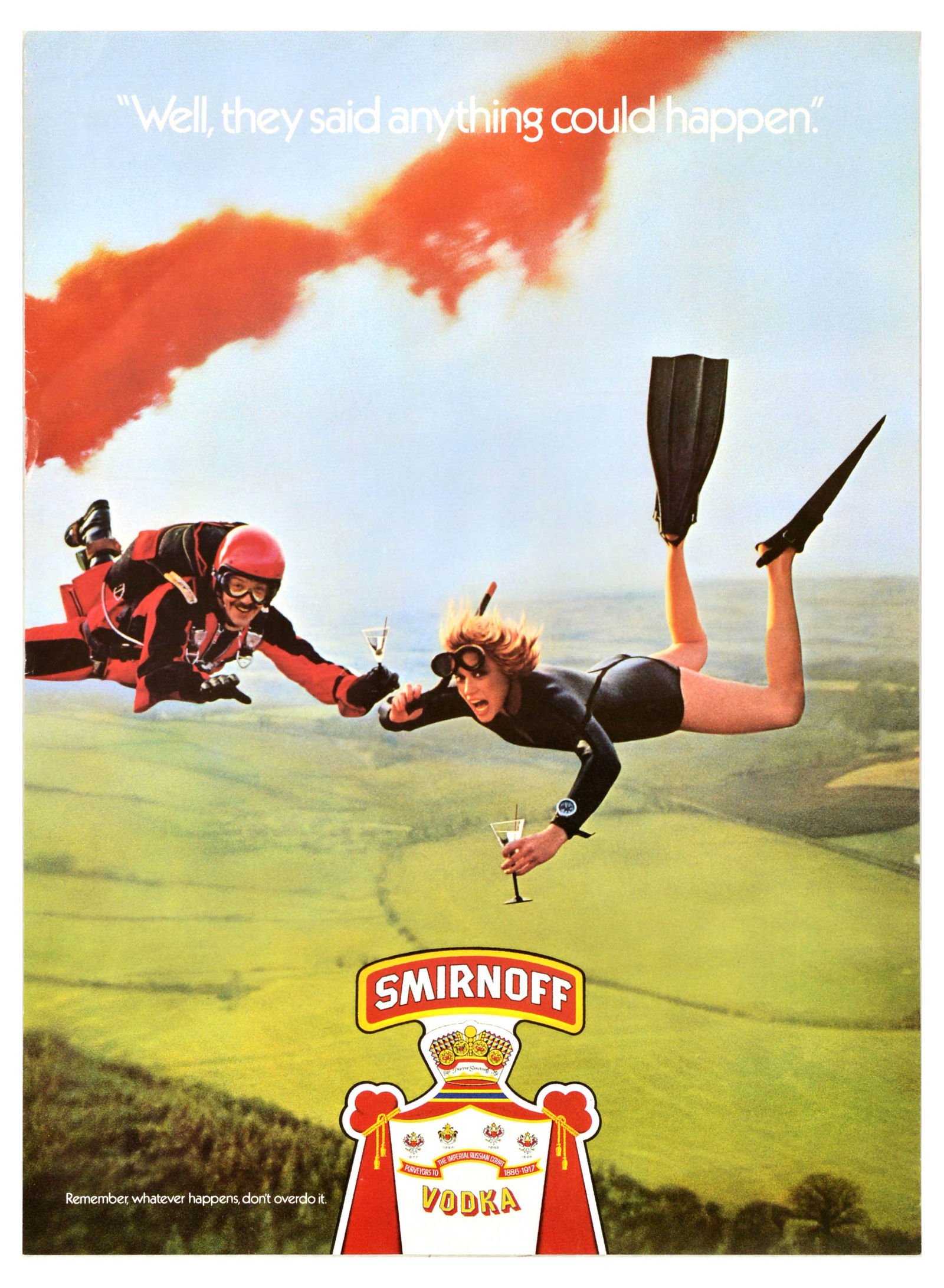 Advertising Poster Smirnoff Vodka Skydive Brian Duffy Alcohol: Original vintage drink advertising poster for Smirnoff, the renowned vodka brand founded in Moscow. Smirnoff uses a humorous advertising slogan - "Well, they said anything could happen. Remember whate