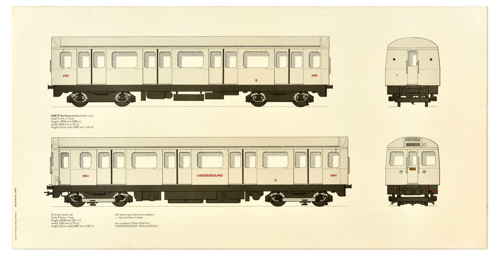 Travel Poster London Transport Design Manual Underground Tube Train C69/77 Surface Stock: Original vintage London Transport Design Manual poster featuring an illustration of C69/77 Surface stock train showing front, rear and side views, with length, width and height, and lettering design. 