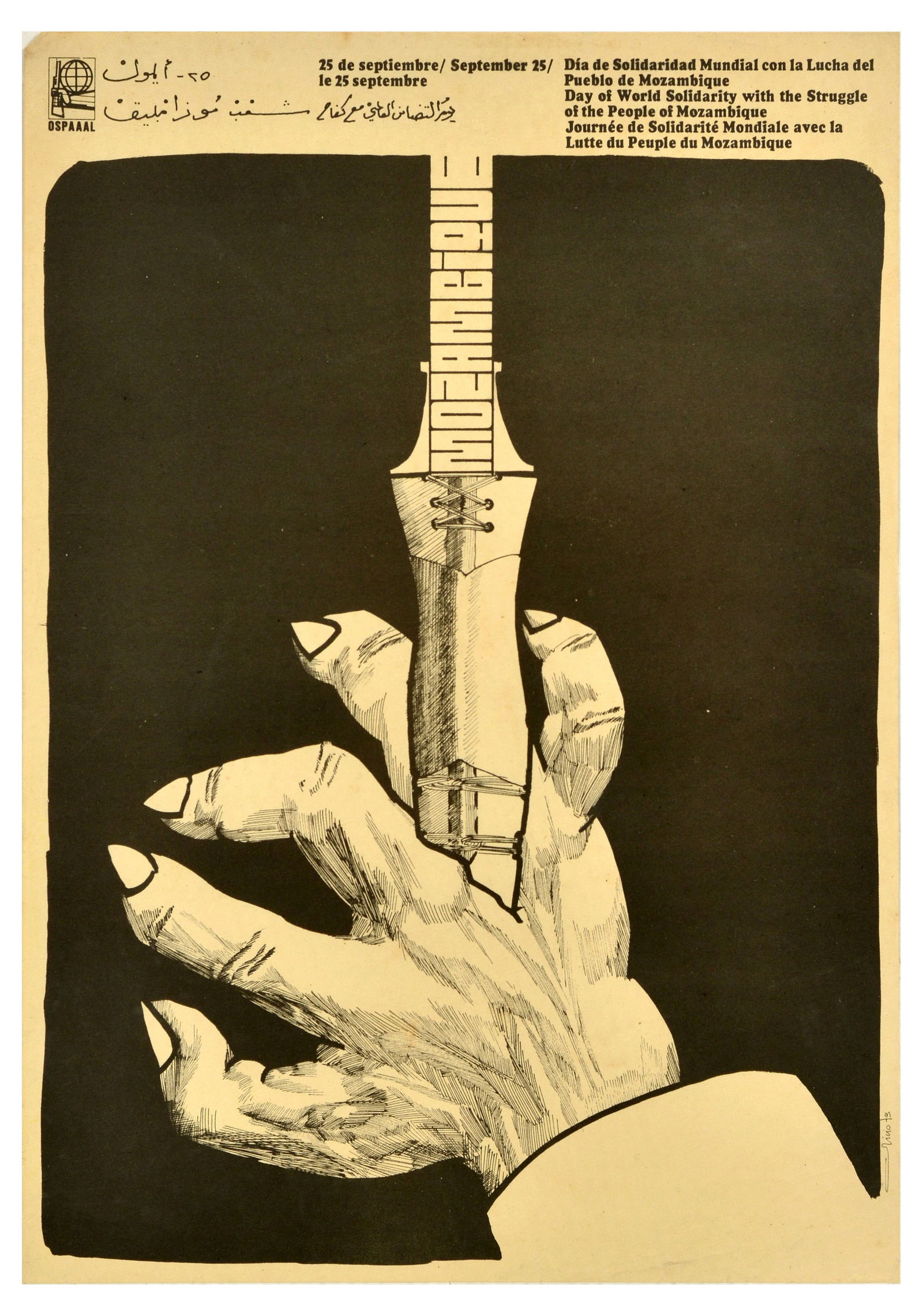 Propaganda Poster Mozambique Solidarity OSPAAAL Dagger Cuba: Original vintage Cuban propaganda poster 25th September Day Of World Solidarity People of Mozambique published by the Organisation of Solidarity with the People of Asia Africa and Latin America (OSPAA