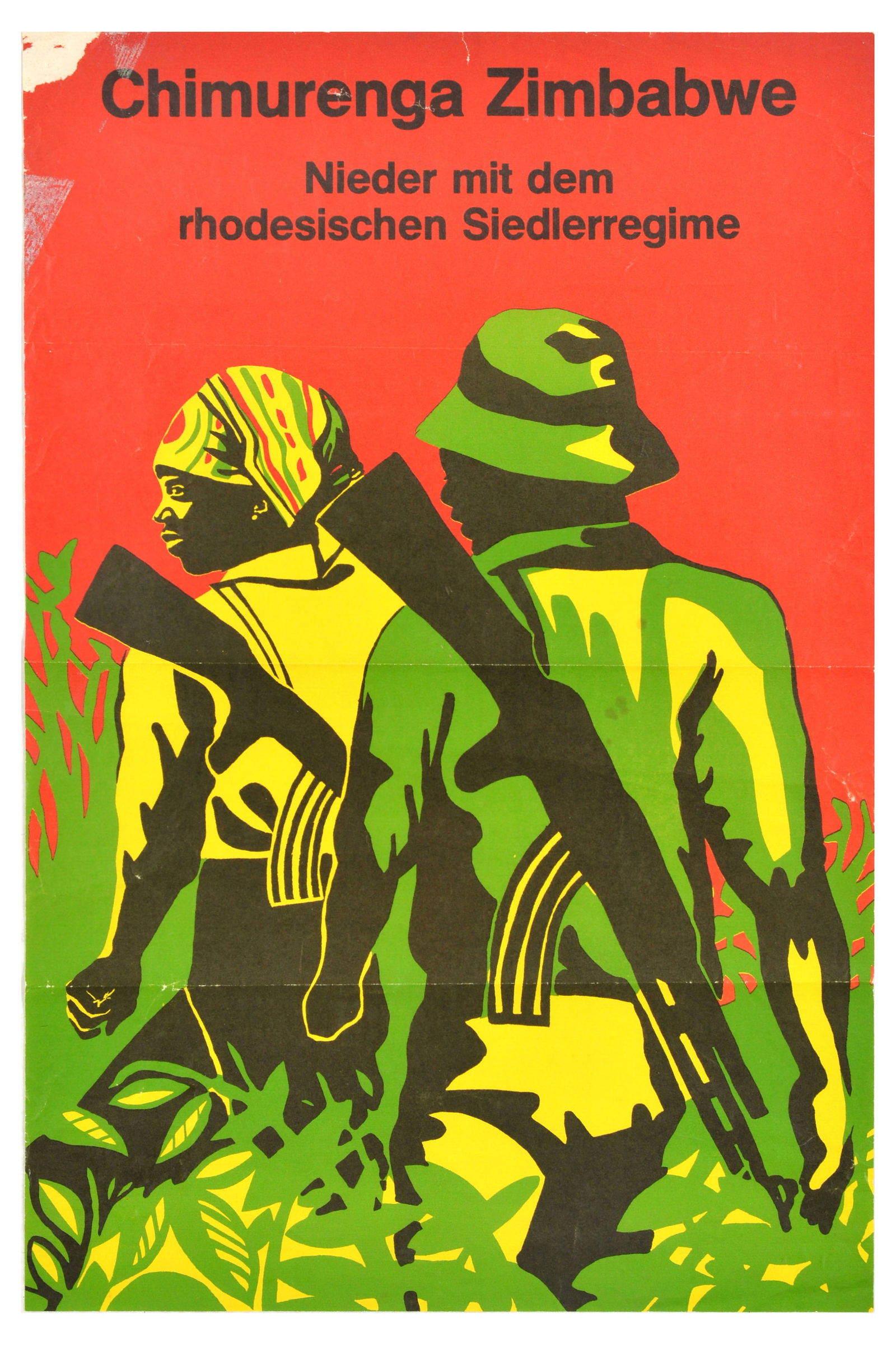 Propaganda Poster Chimurenga Zimbabwe Rhodesian Bush War Africa: Original vintage propaganda poster - Chimurenga Zimbabwe down with the Rhodesian settler regime / Chimurenga Zimbabwe nieder mit dem rhodesischen Siedlerregime. Featuring an illustration of armed guer