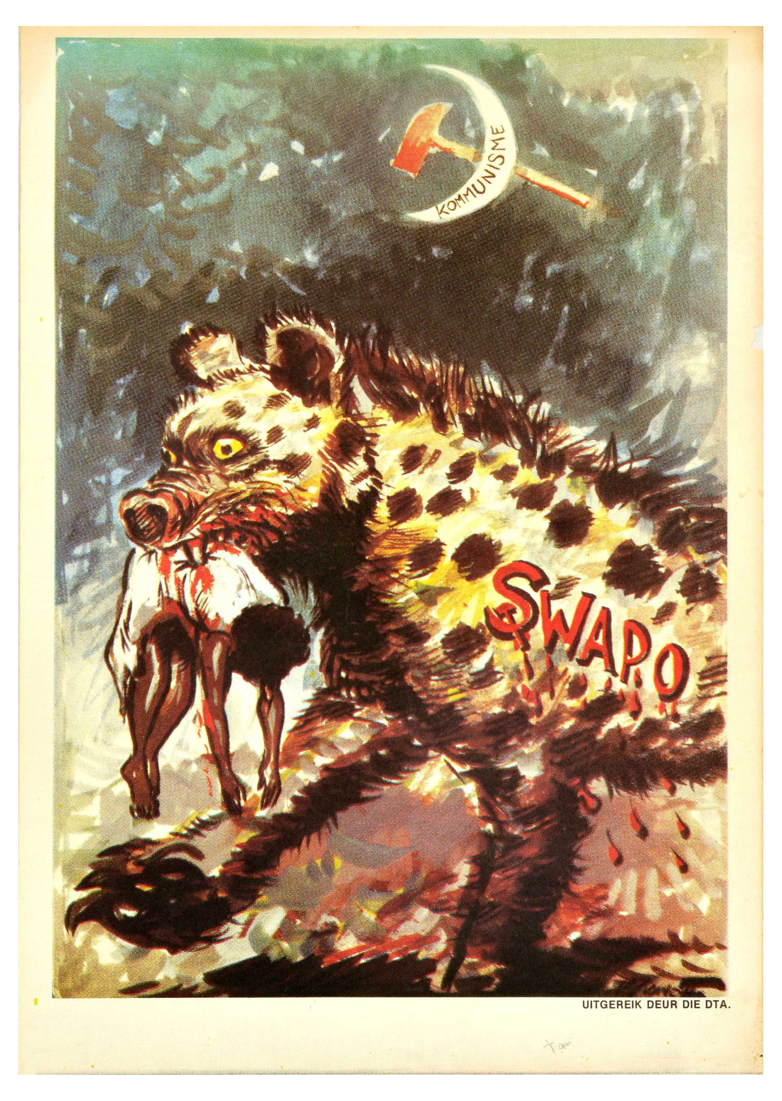 Propaganda Poster SWAPO Hyena Namibia Communism Africa: Original vintage propaganda poster issued by DTA Democratic Turnhalle Alliance / Demokratiese Turnhalle Alliansie against SWAPO South West Africa People's Organisation / Suidwes-Afrikaanse Volks Organ